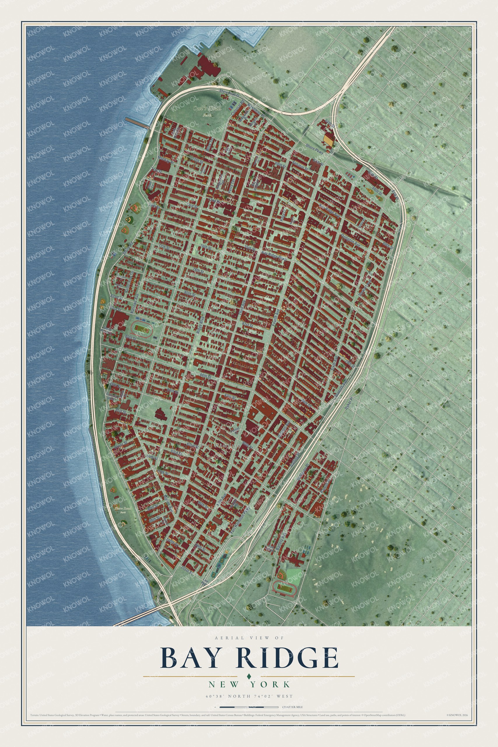 Full map of Bay Ridge, New York, with red buildings, printed street names and the land around them