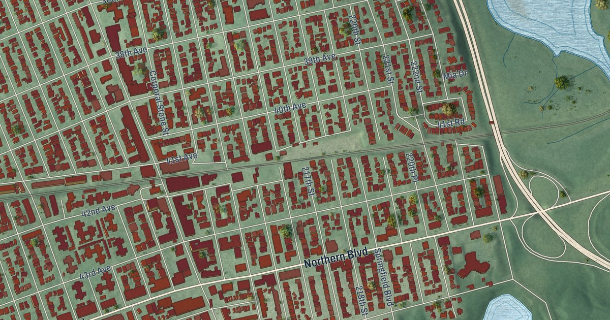 Close-up of streets and buildings in Bayside, New York