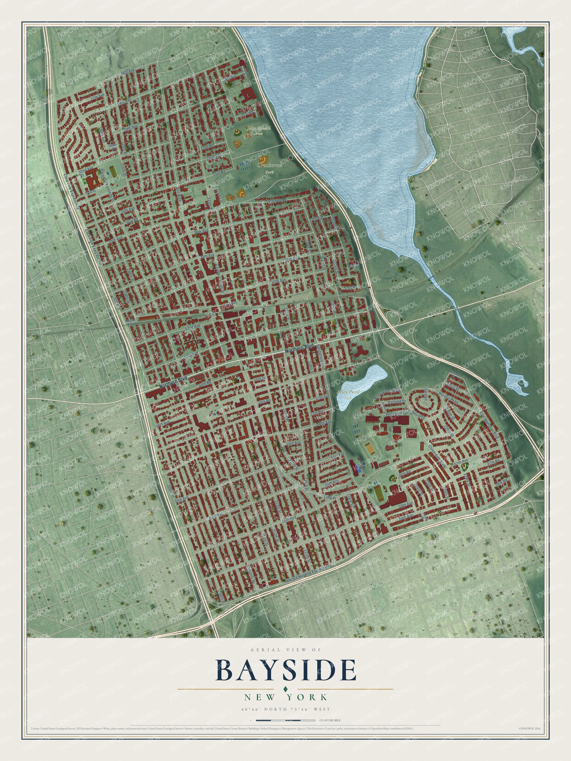 Full map of Bayside, New York, with red buildings, printed street names and the land around them