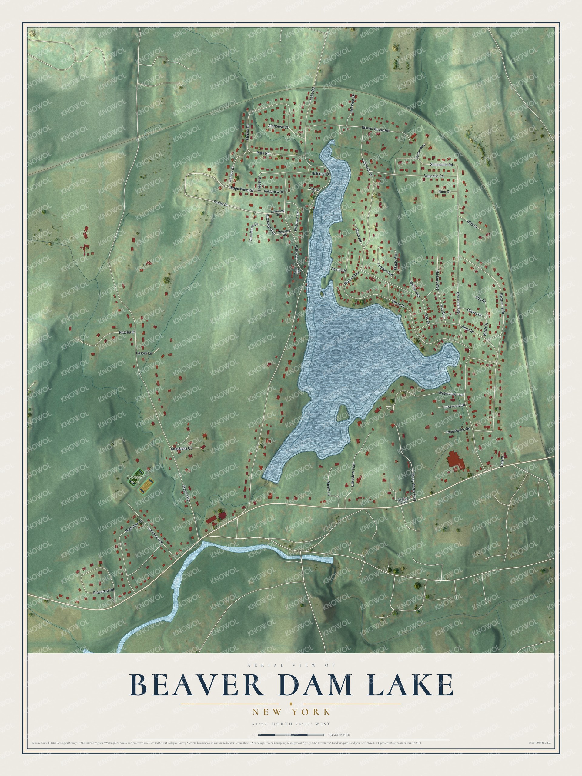 Full map of Beaver Dam Lake, New York, with red buildings, printed street names and the land around them