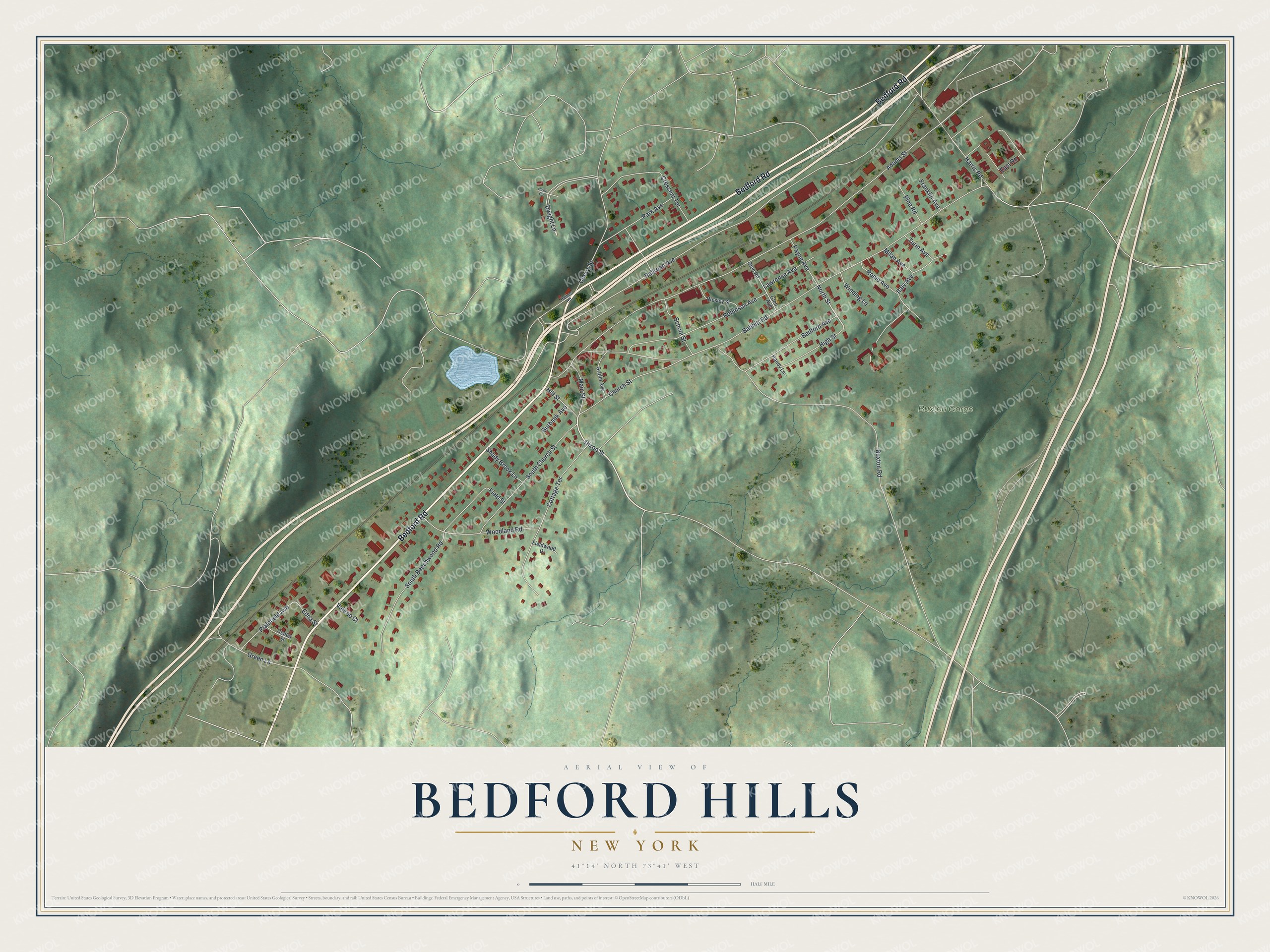 Full map of Bedford Hills, New York, with red buildings, printed street names and the land around them