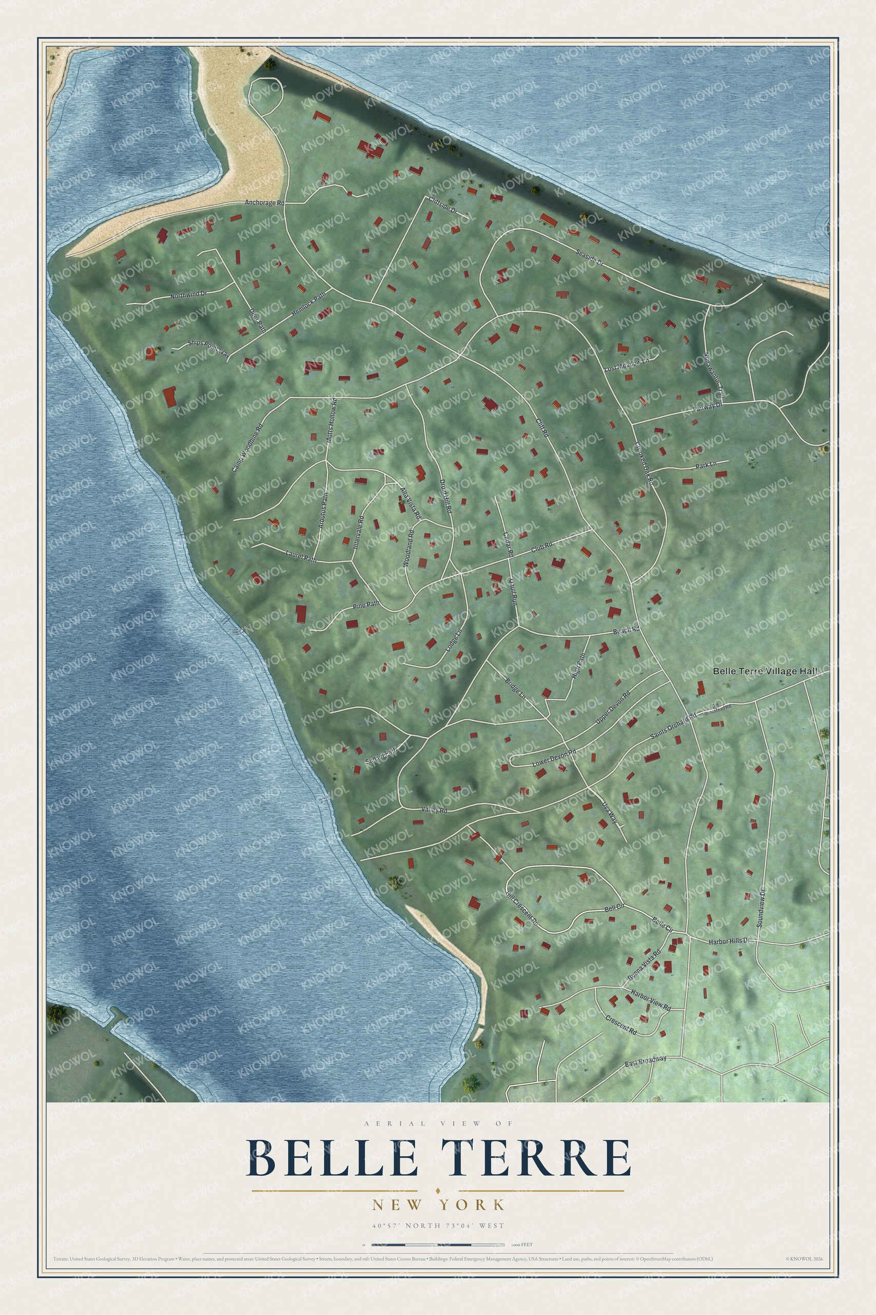 Full map of Belle Terre, New York, with red buildings, printed street names and the land around them