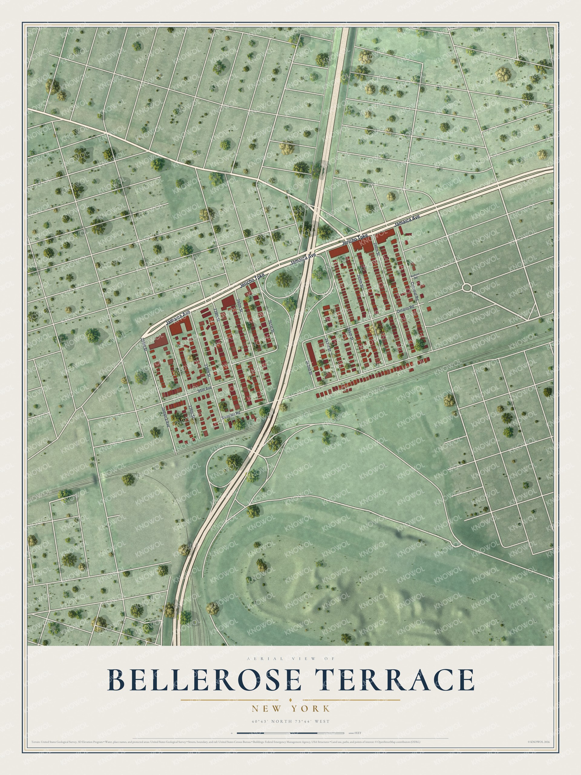 Full map of Bellerose Terrace, New York, with red buildings, printed street names and the land around them