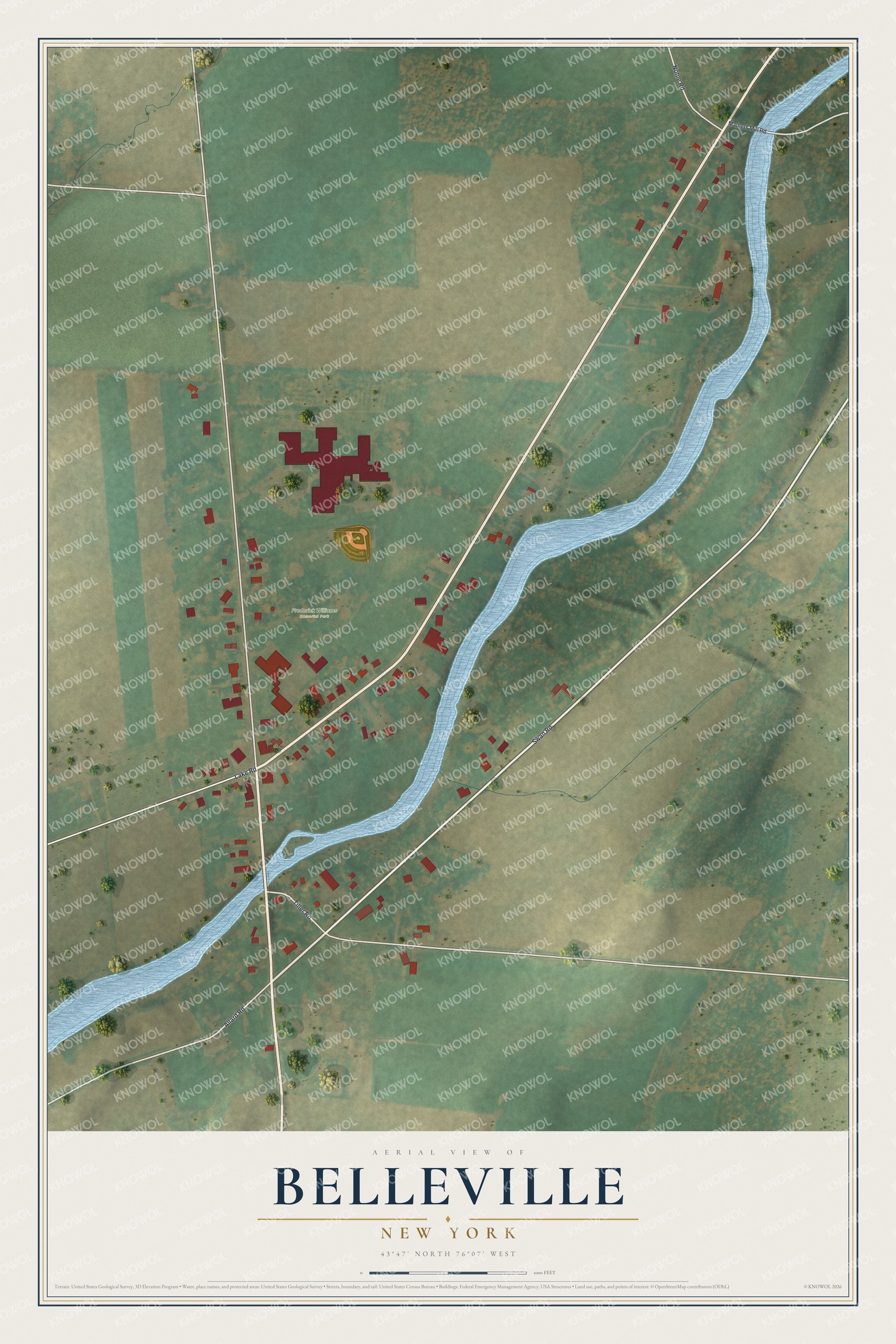 Full map of Belleville, New York, with red buildings, printed street names and the land around them