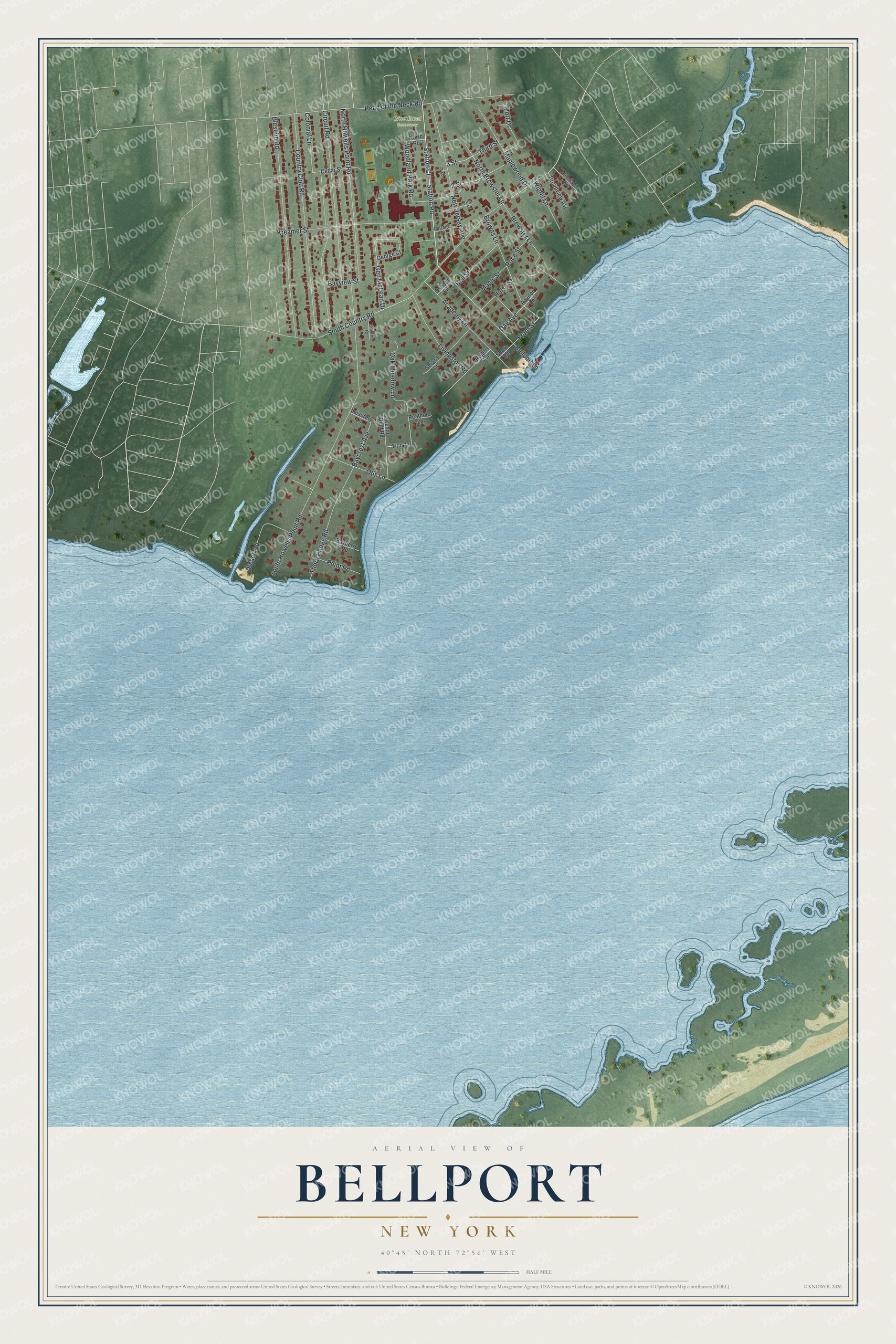 Full map of Bellport, New York, with red buildings, printed street names and the land around them