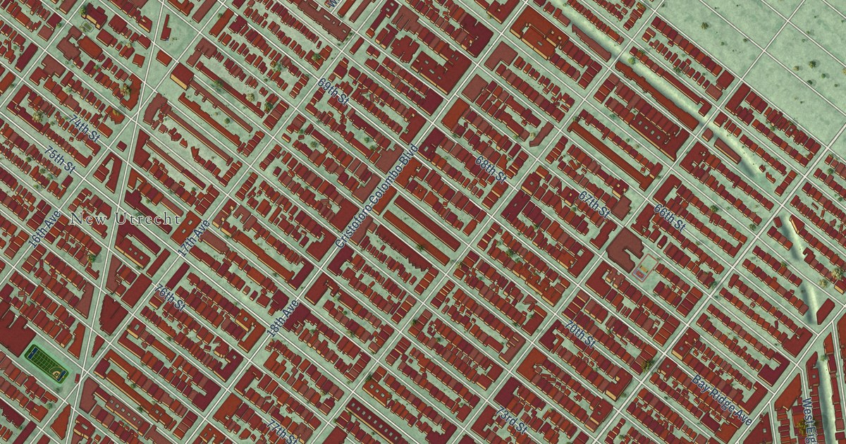 Close-up of streets and buildings in Bensonhurst, New York
