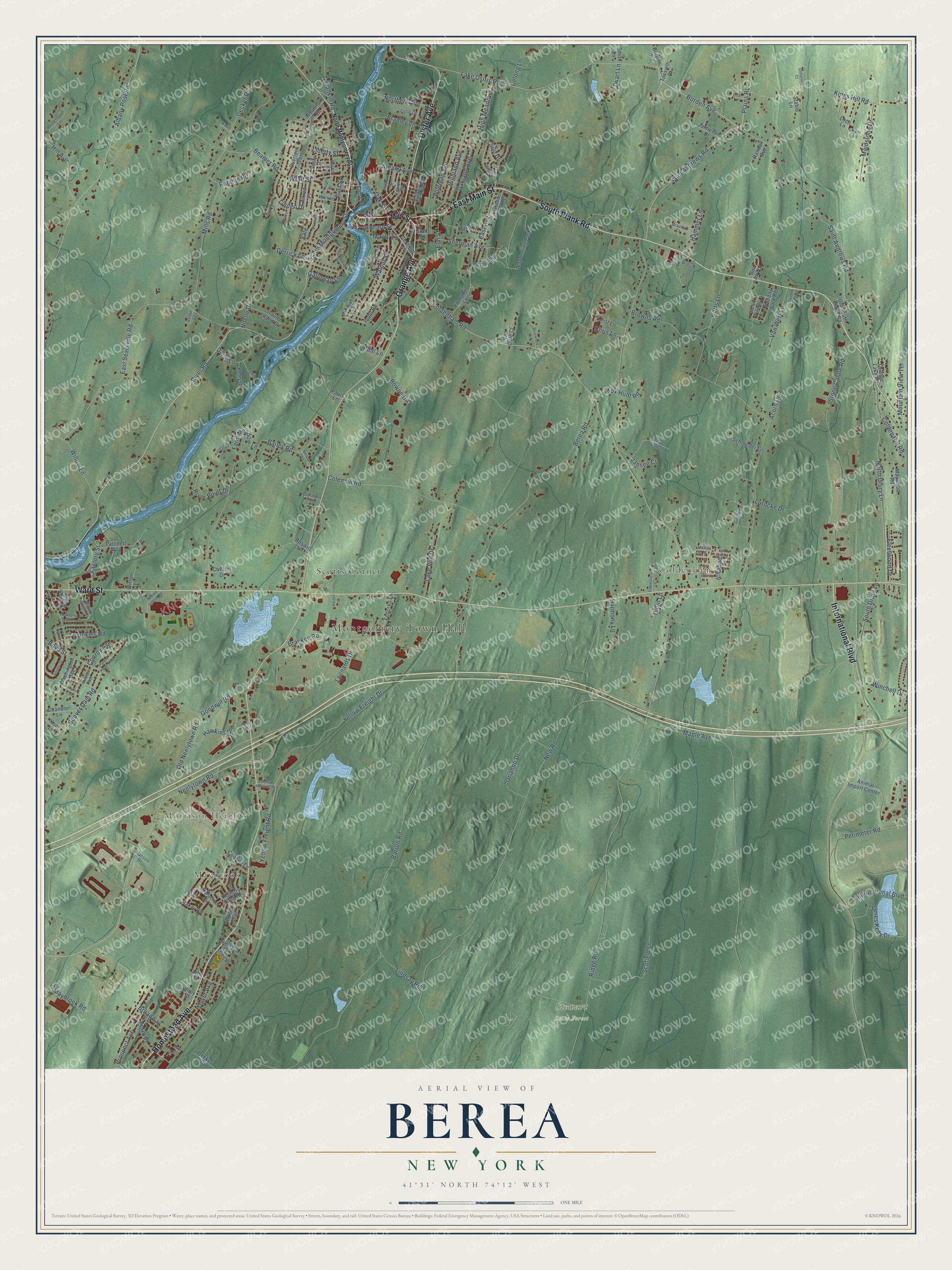 Full map of Berea, New York, with red buildings, printed street names and the land around them
