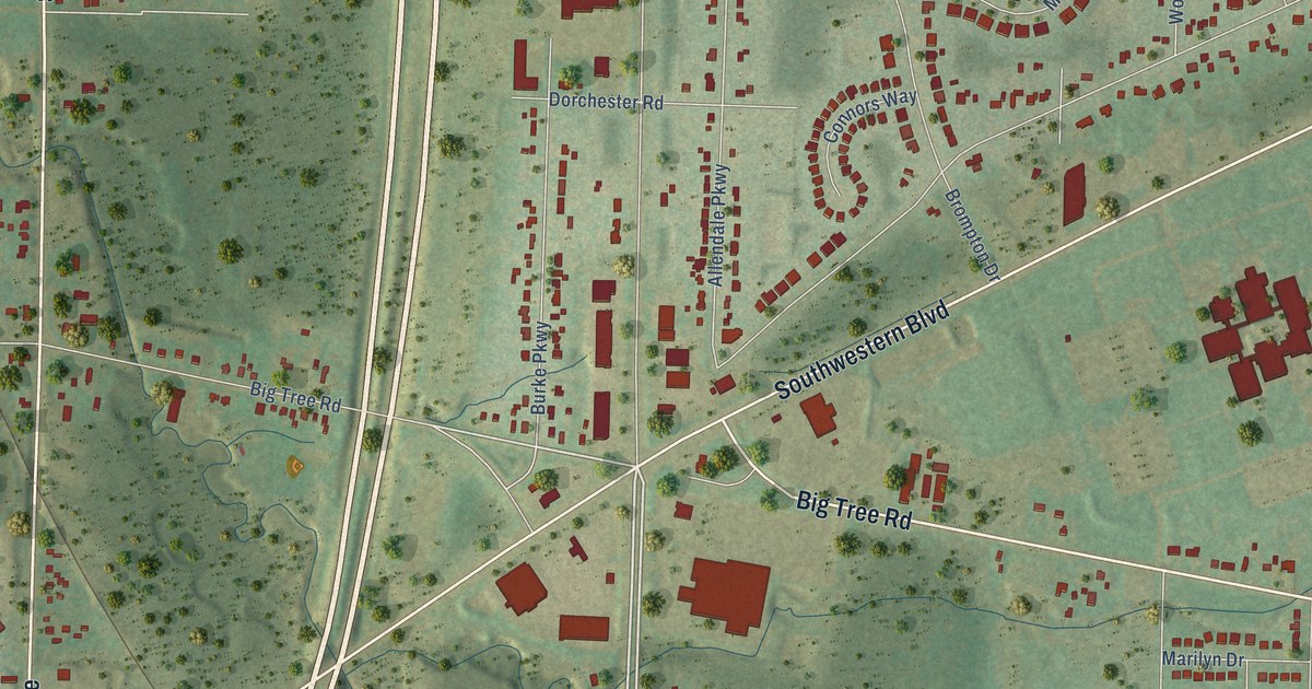 Close-up of streets and buildings in Big Tree, New York