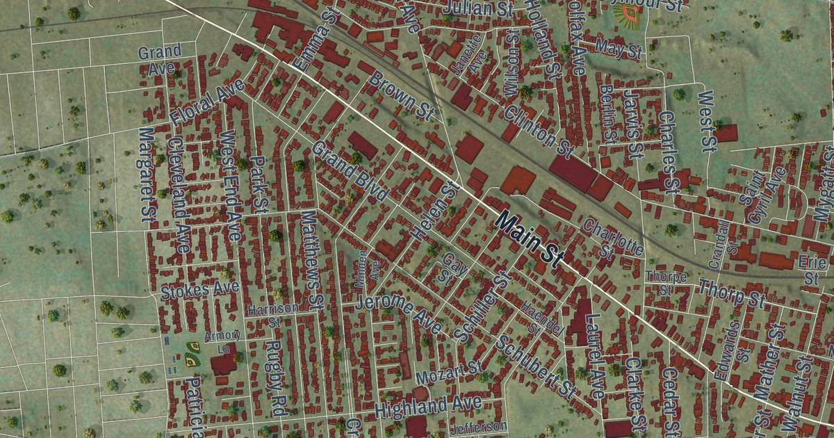 Close-up of streets and buildings in the City of Binghamton, Broome County, New York