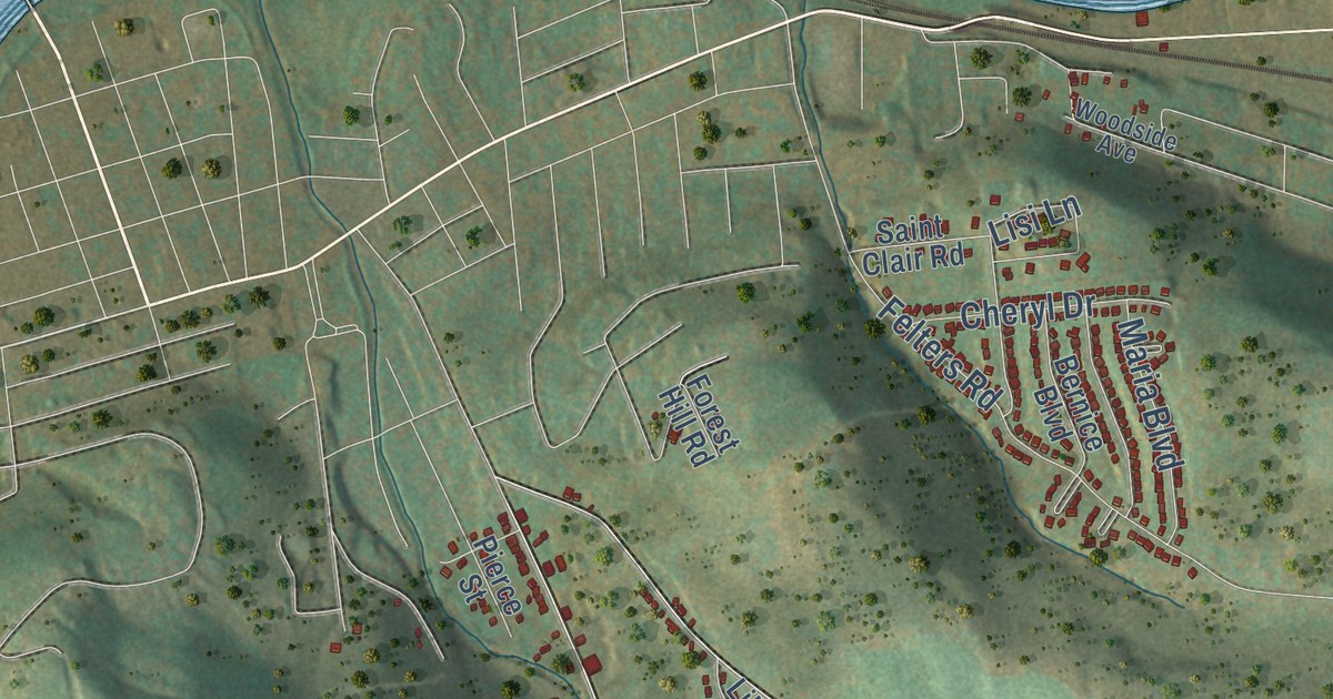 Close-up of streets and buildings in the Town of Binghamton, Broome County, New York