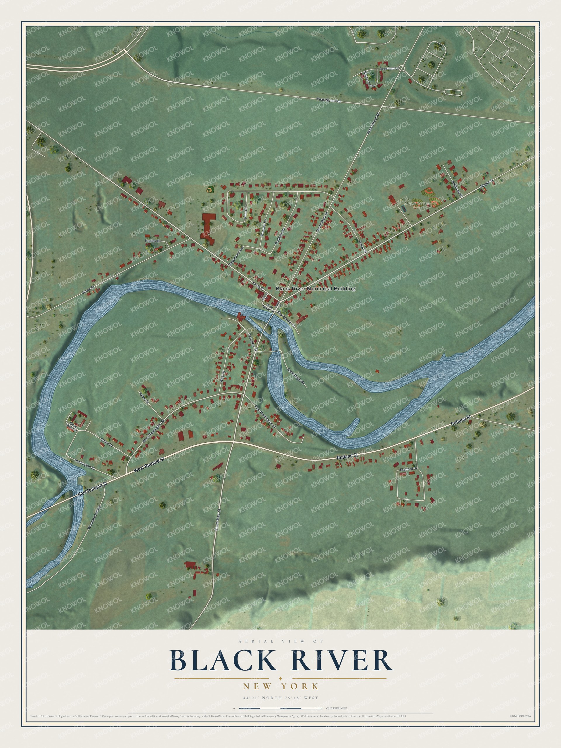 Full map of Black River, New York, with red buildings, printed street names and the land around them