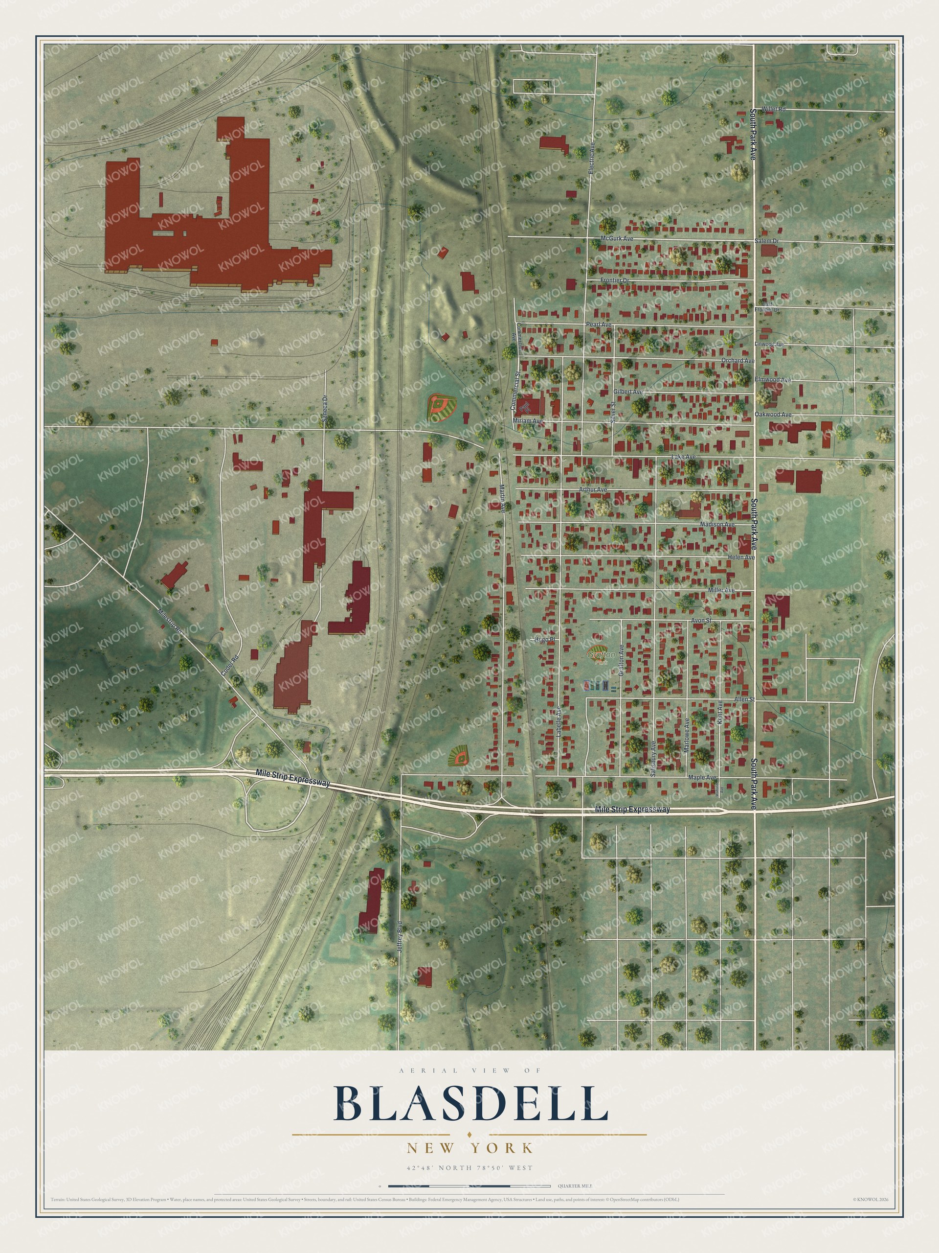 Full map of Blasdell, New York, with red buildings, printed street names and the land around them