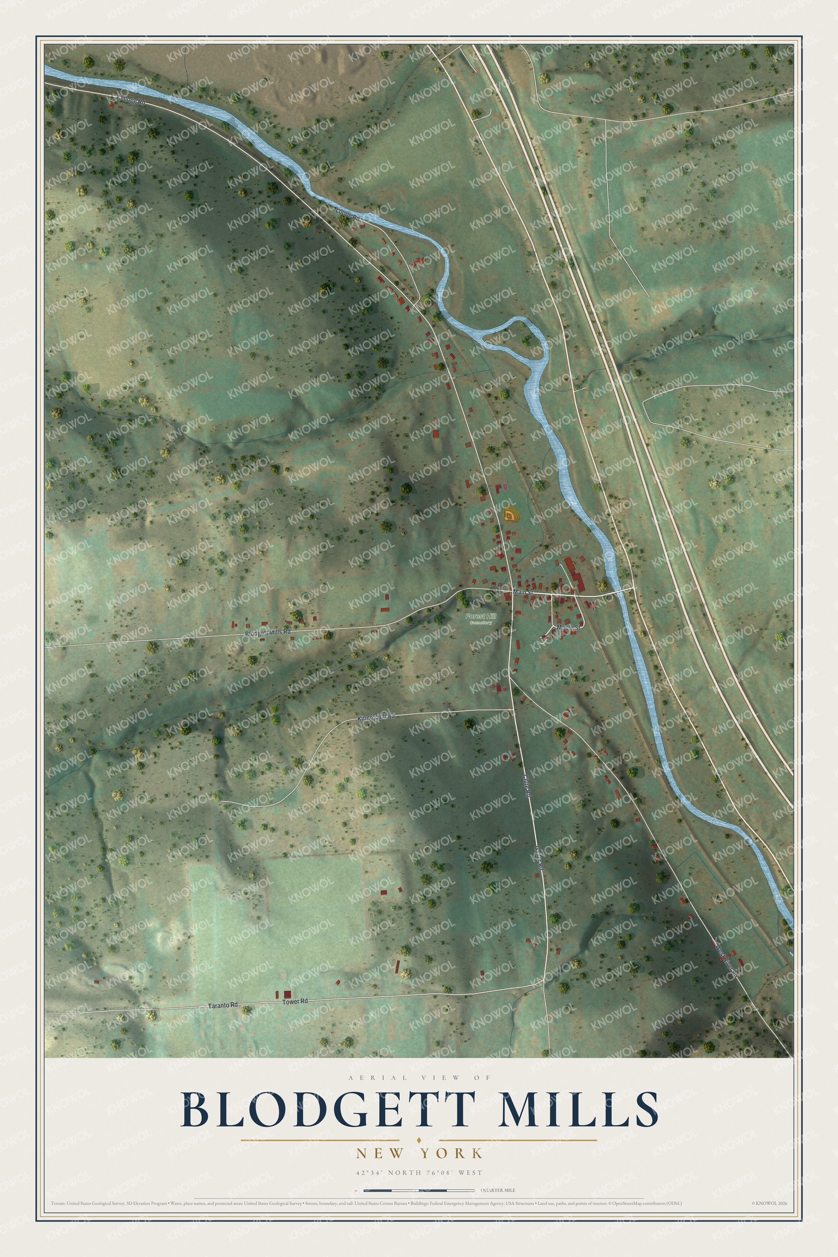Full map of Blodgett Mills, New York, with red buildings, printed street names and the land around them