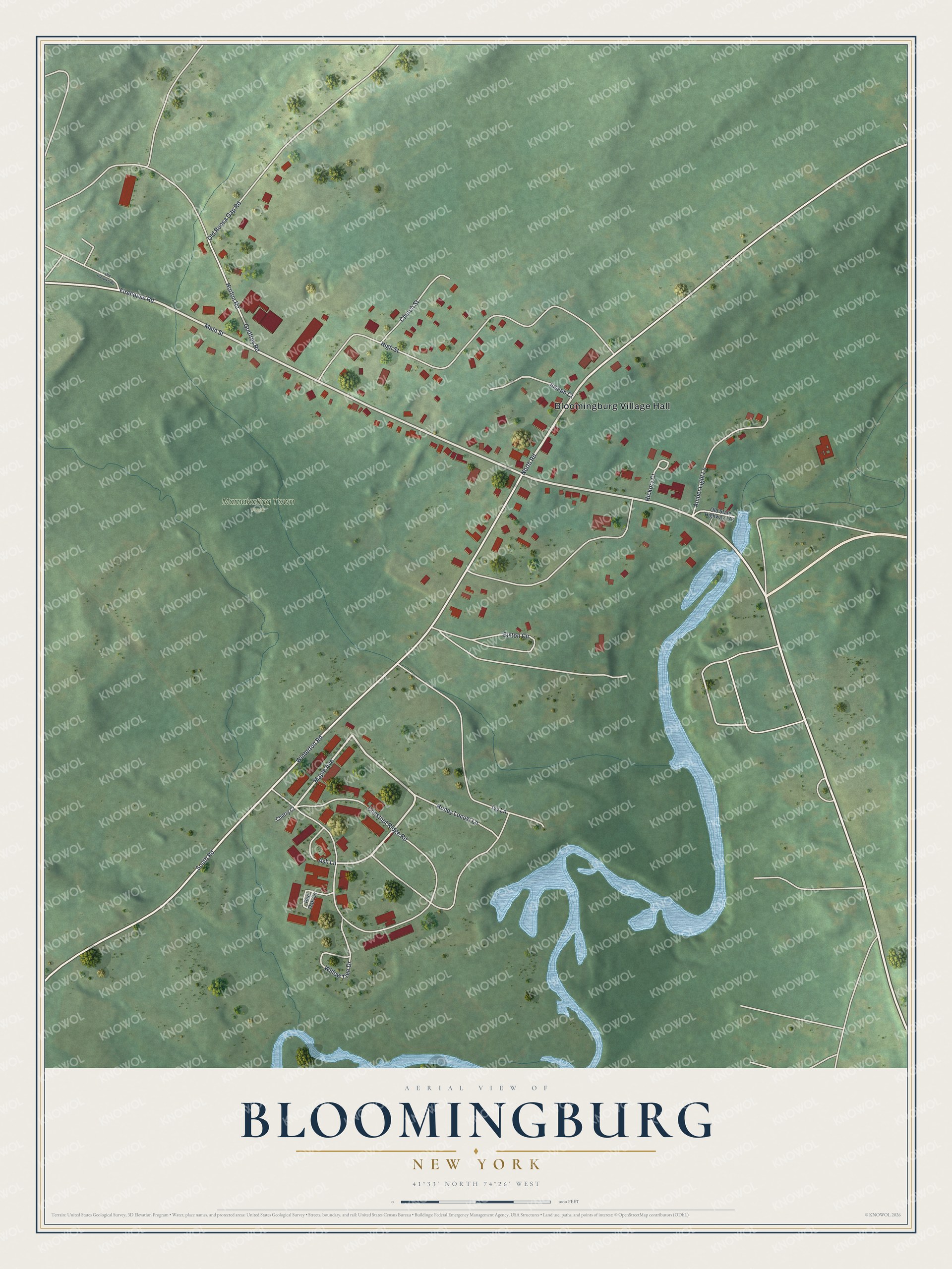 Full map of Bloomingburg, New York, with red buildings, printed street names and the land around them