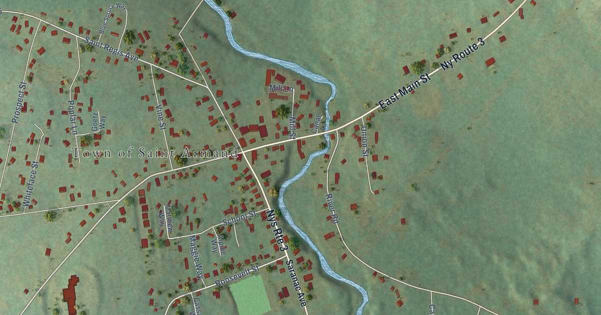 Close-up of streets and buildings in Bloomingdale, New York