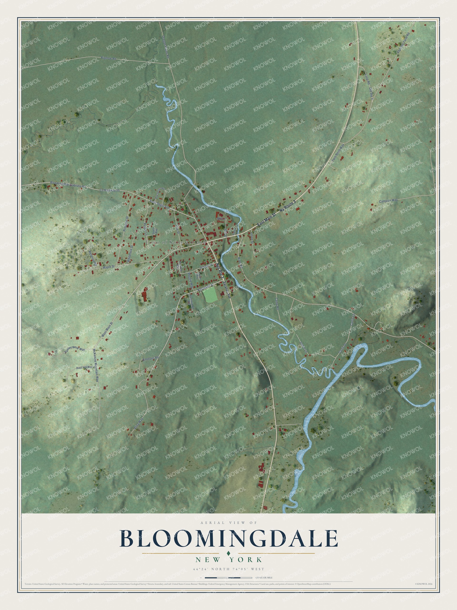 Full map of Bloomingdale, New York, with red buildings, printed street names and the land around them