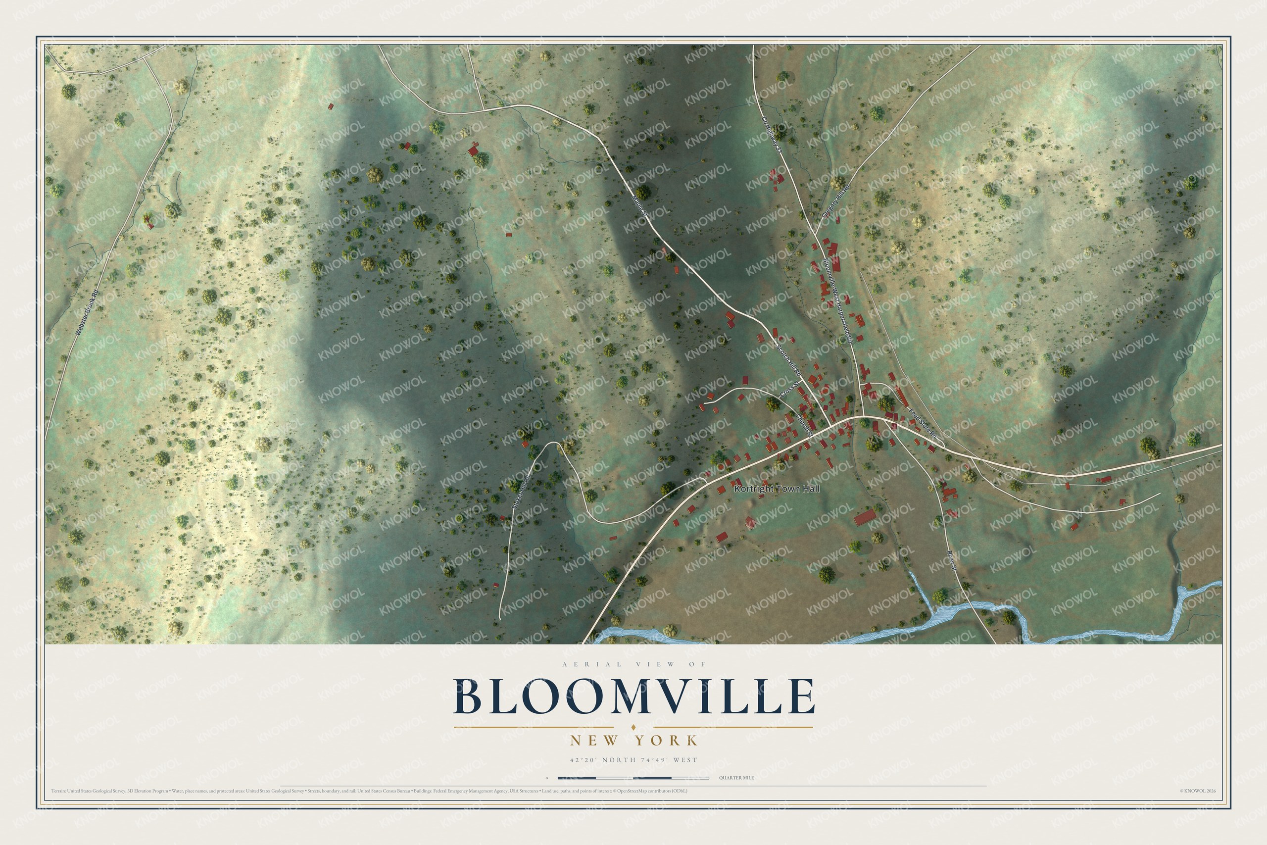 Full map of Bloomville, New York, with red buildings, printed street names and the land around them