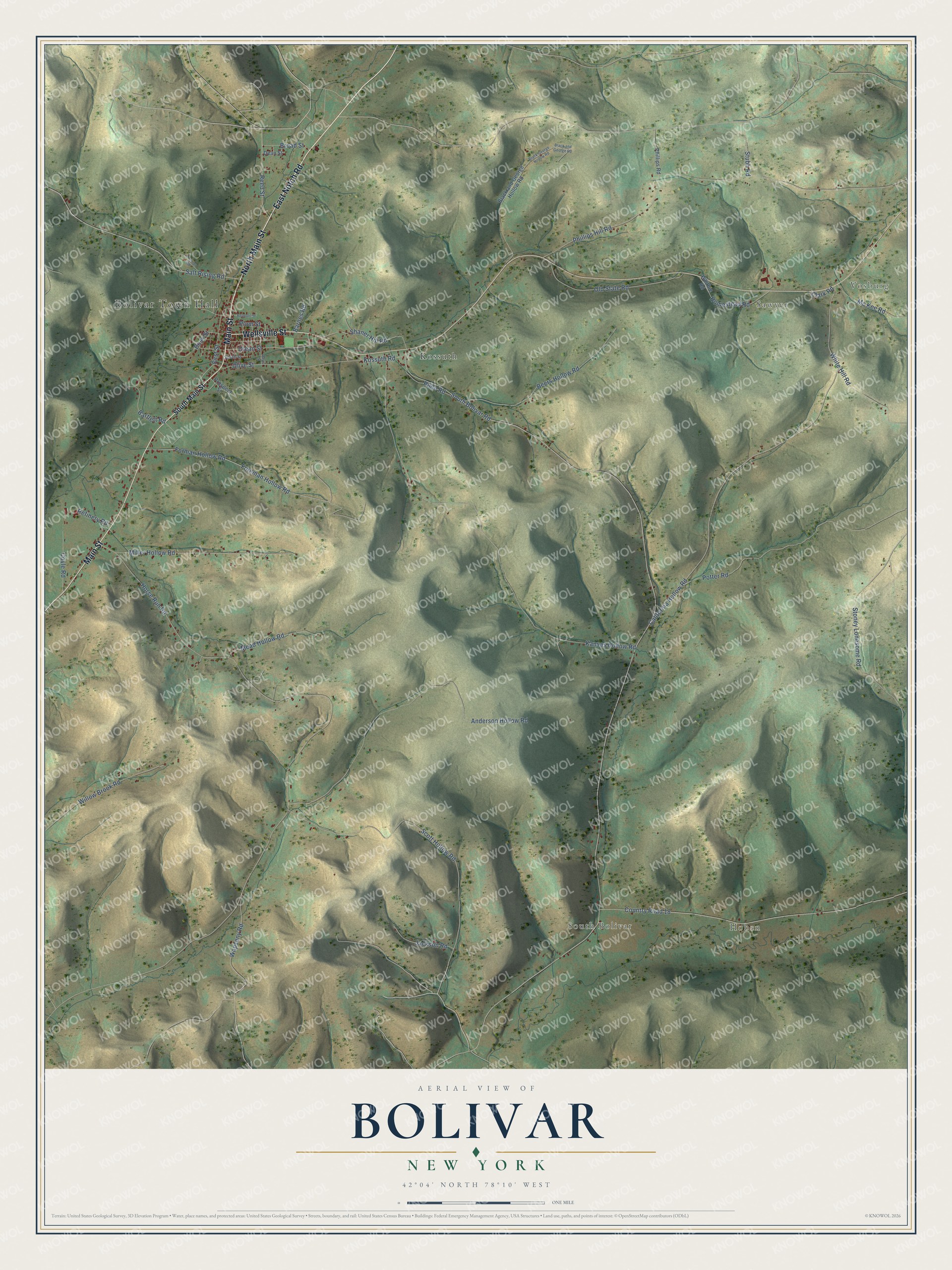 Detailed map of Bolivar, New York, showing streets, buildings, and neighborhoods