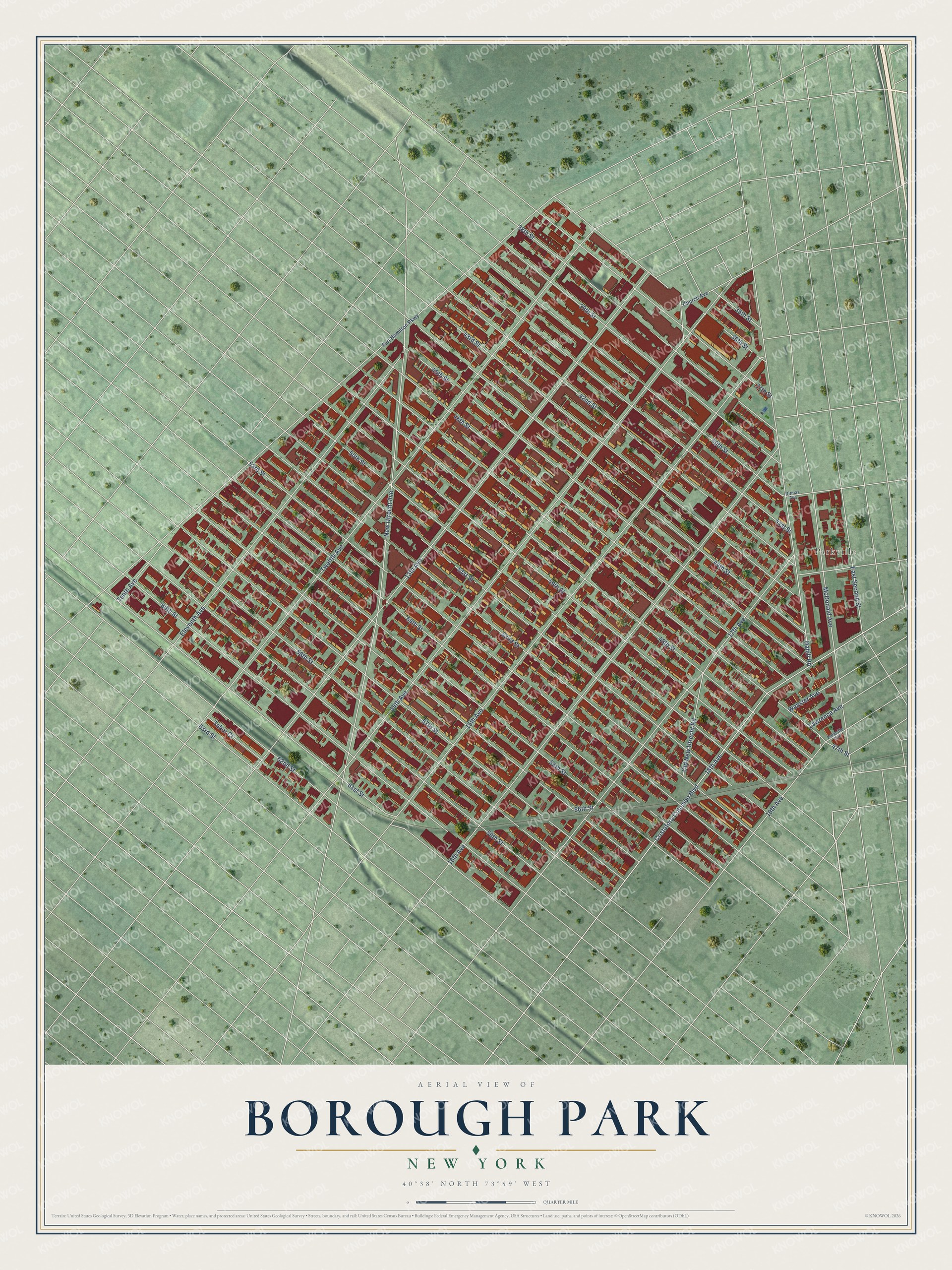 Full map of Borough Park, New York, with red buildings, printed street names and the land around them