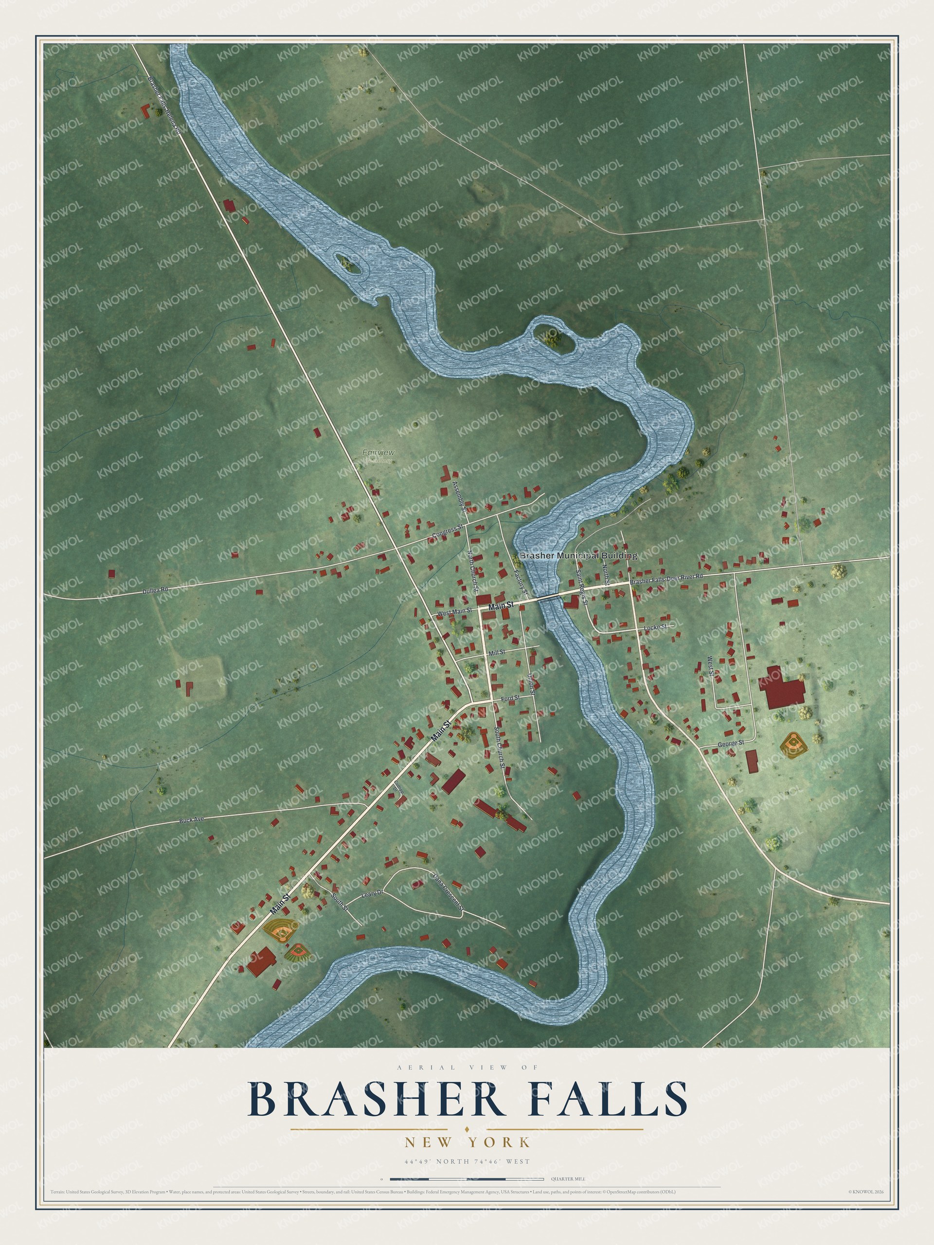 Full map of Brasher Falls, New York, with red buildings, printed street names and the land around them