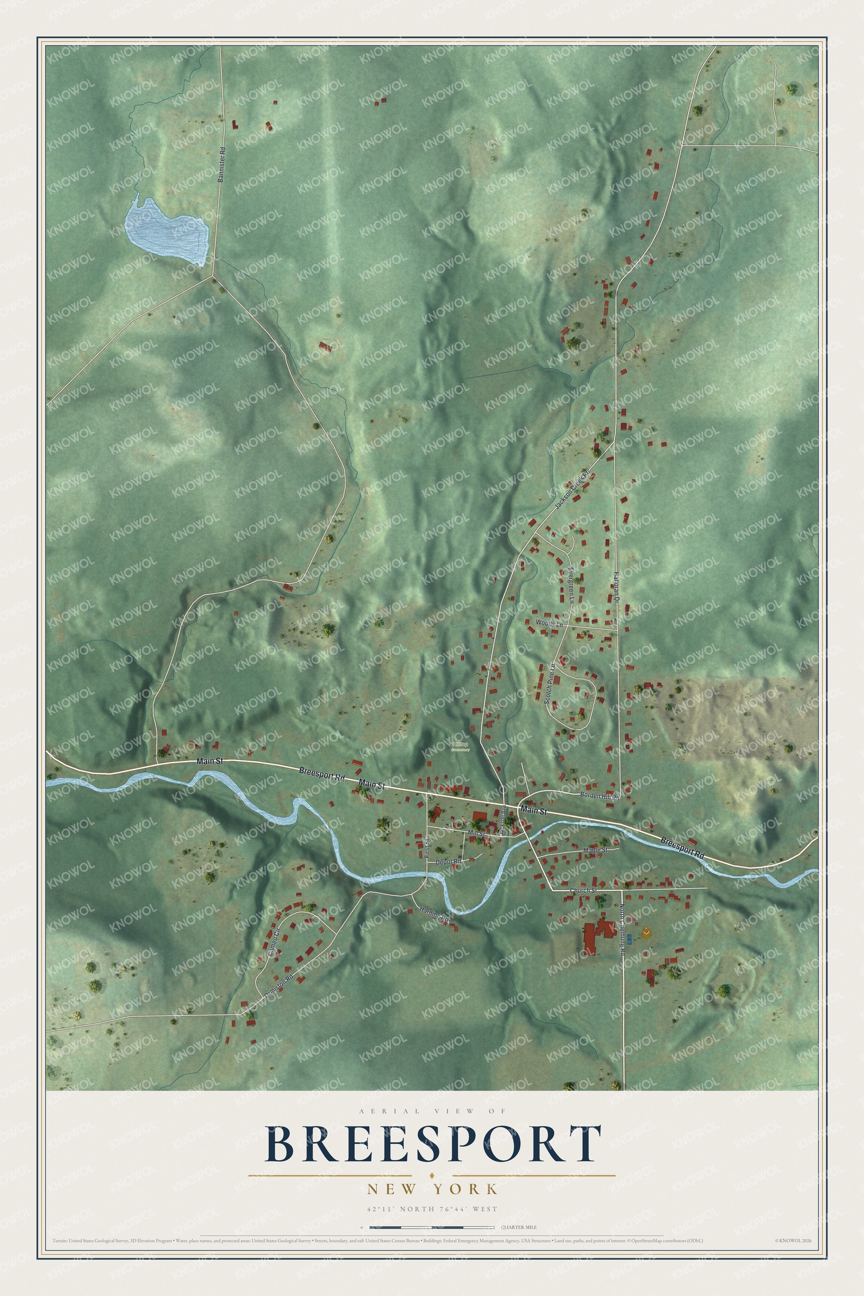 Full map of Breesport, New York, with red buildings, printed street names and the land around them