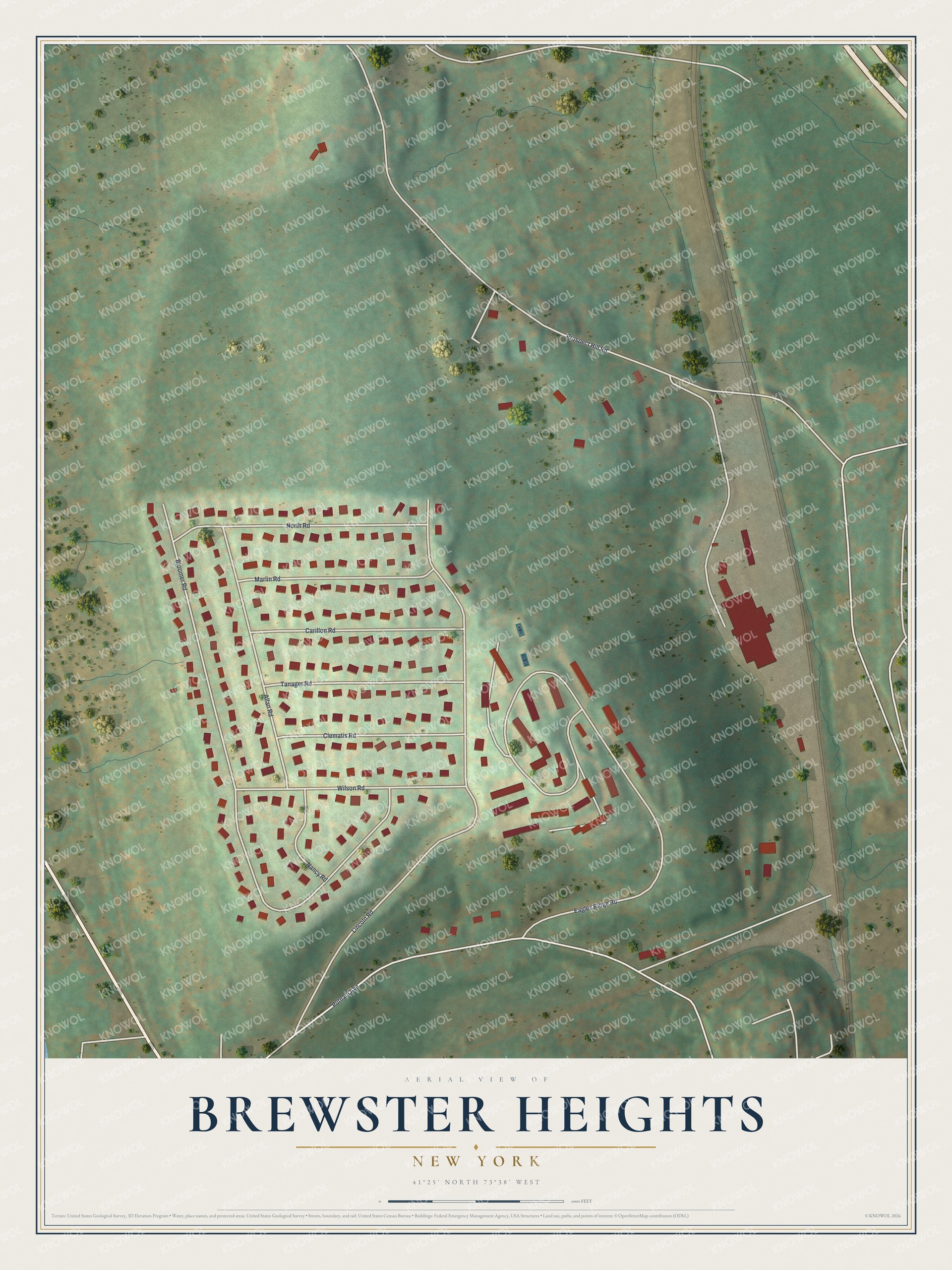Full map of Brewster Heights, New York, with red buildings, printed street names and the land around them