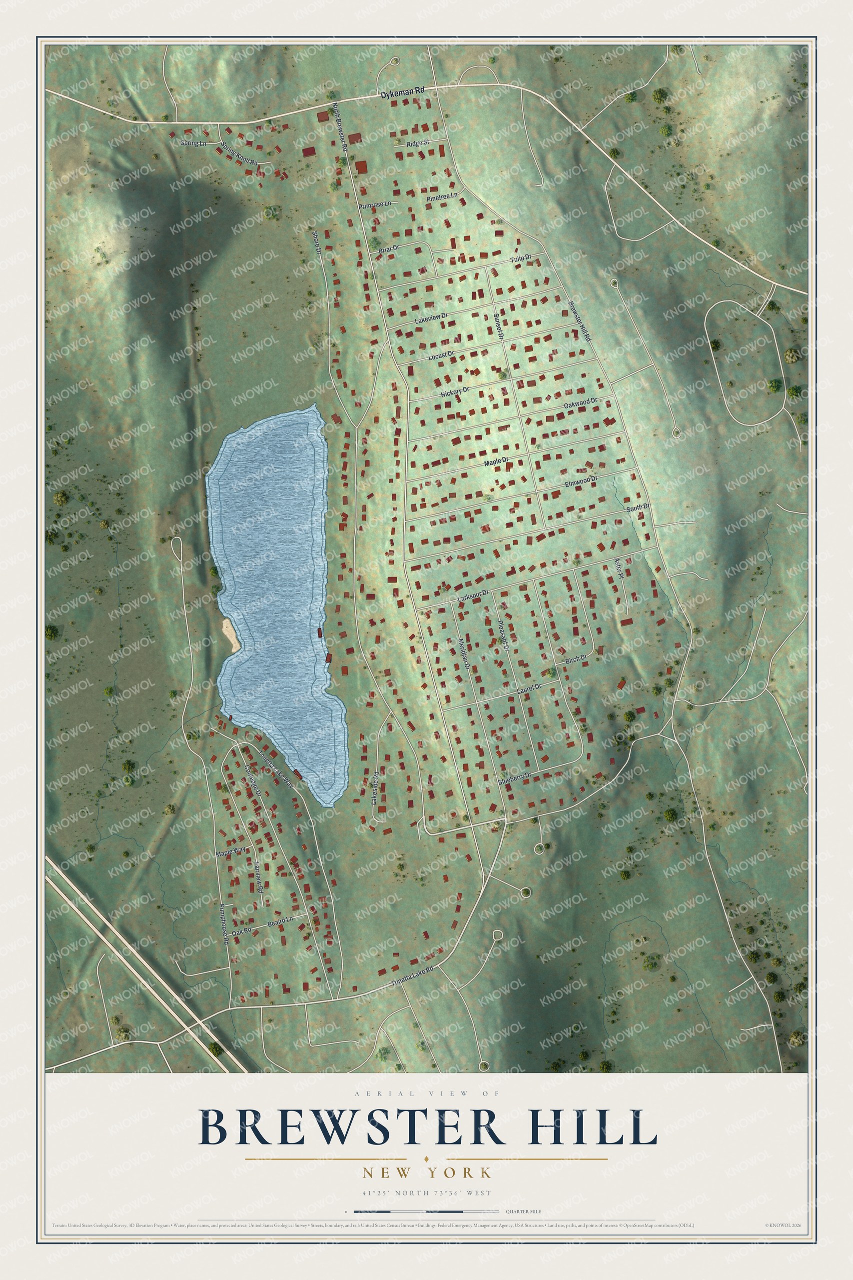 Full map of Brewster Hill, New York, with red buildings, printed street names and the land around them