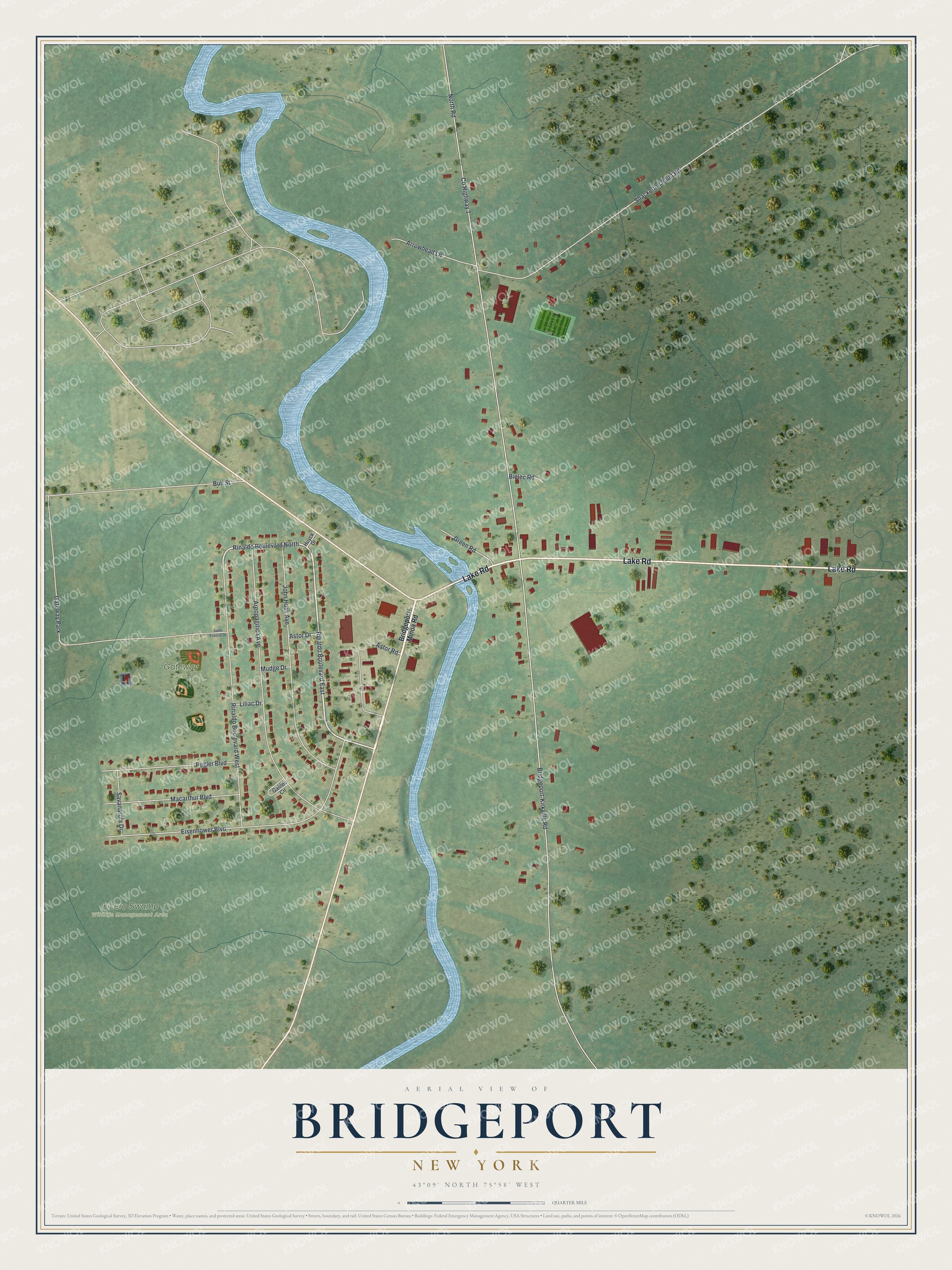 Full map of Bridgeport, New York, with red buildings, printed street names and the land around them
