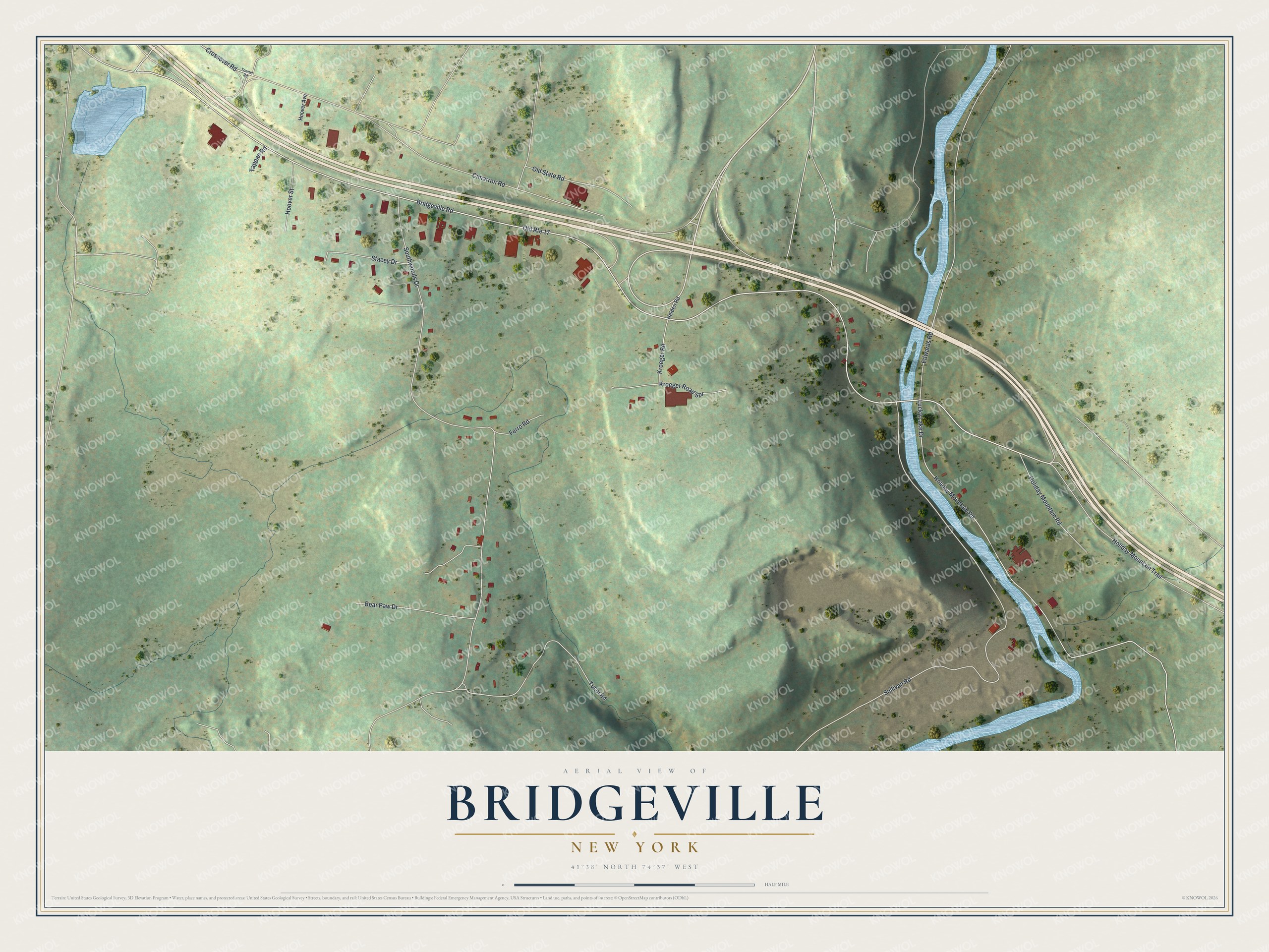 Full map of Bridgeville, New York, with red buildings, printed street names and the land around them