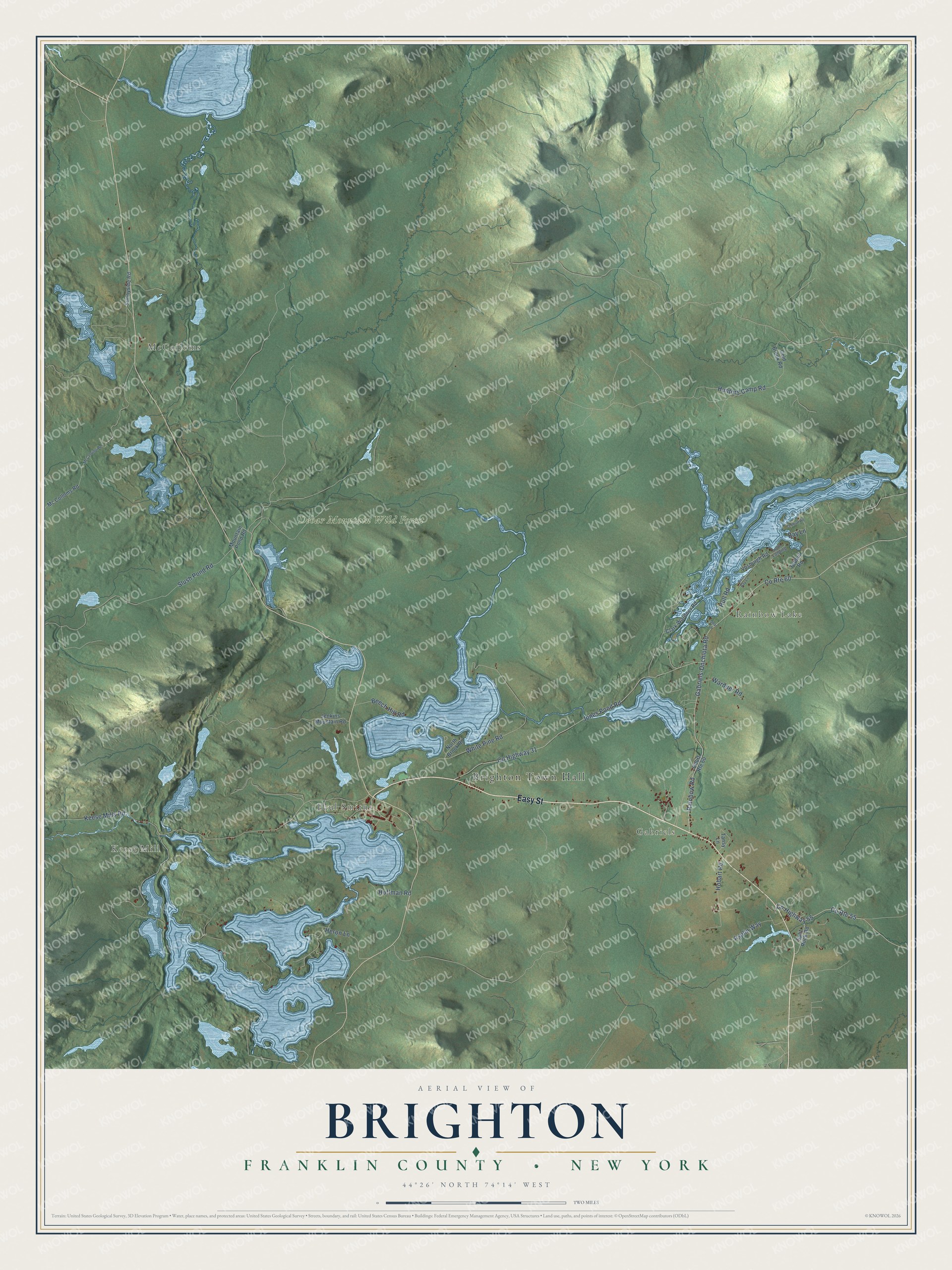 Detailed map of Brighton, Franklin County, New York, showing streets, buildings, neighborhoods, and parks