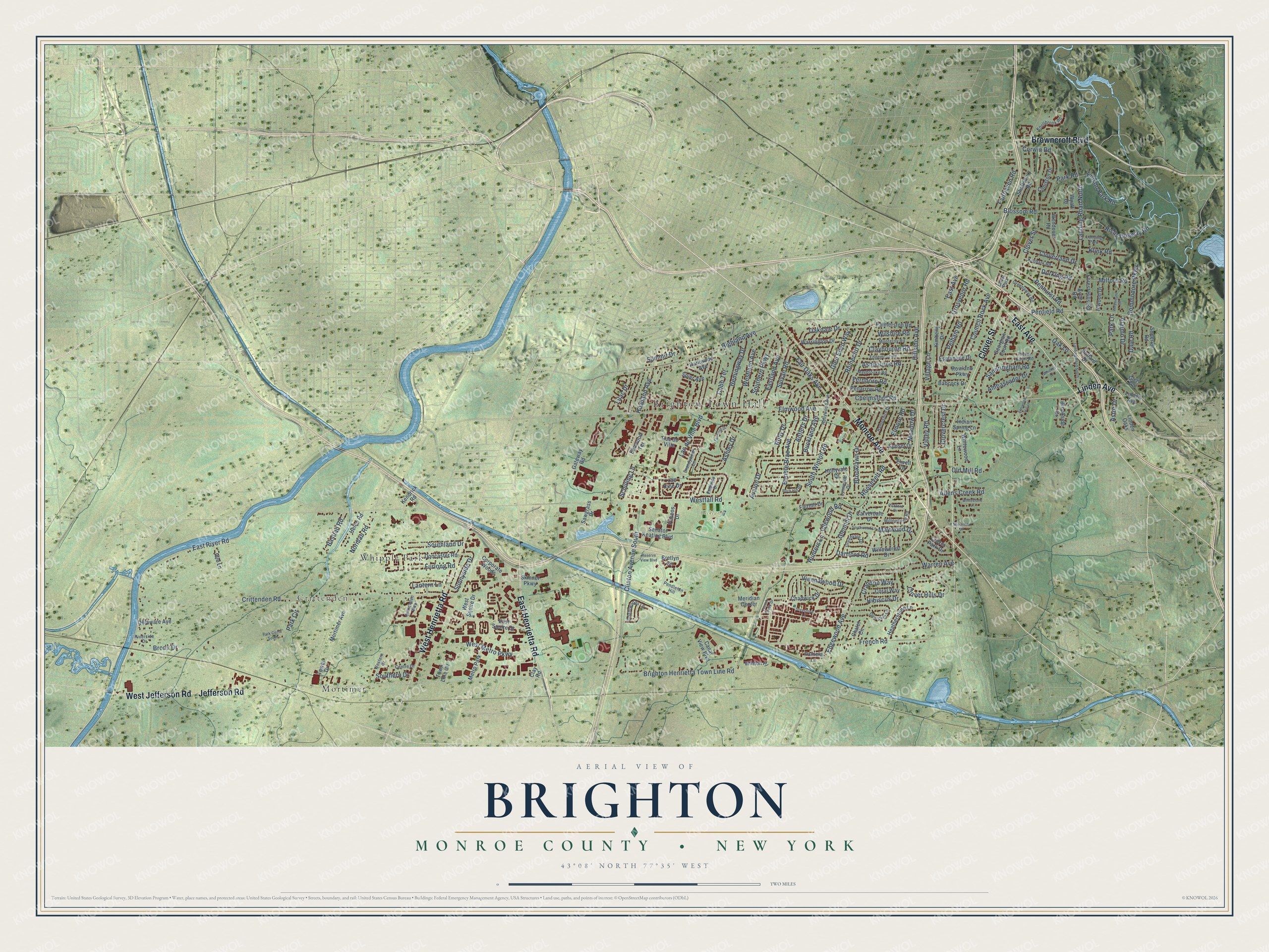 Detailed map of Brighton, Monroe County, New York, showing streets, buildings, neighborhoods, and parks