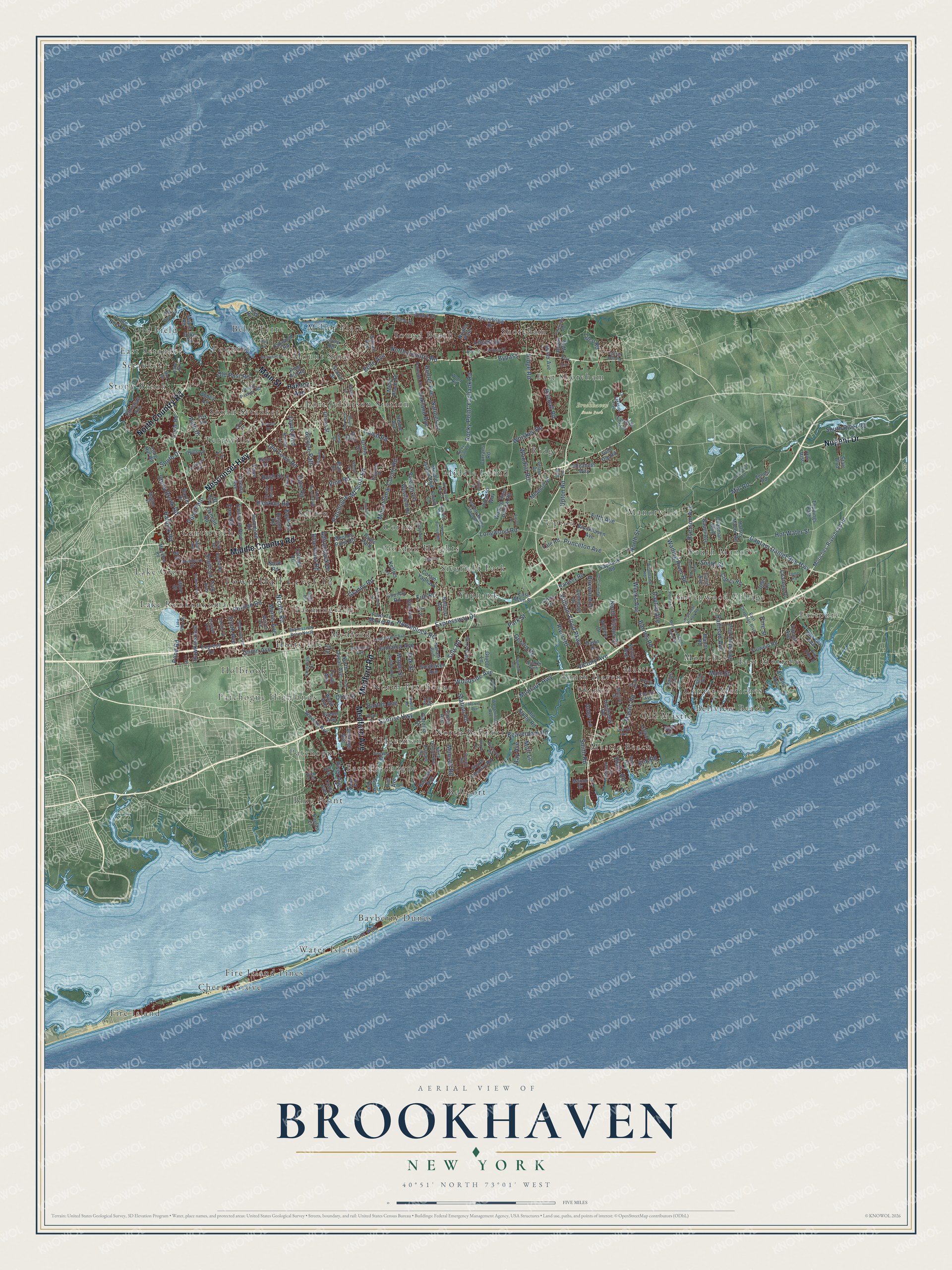 Detailed map of Brookhaven, New York, showing streets, buildings, neighborhoods, and beaches