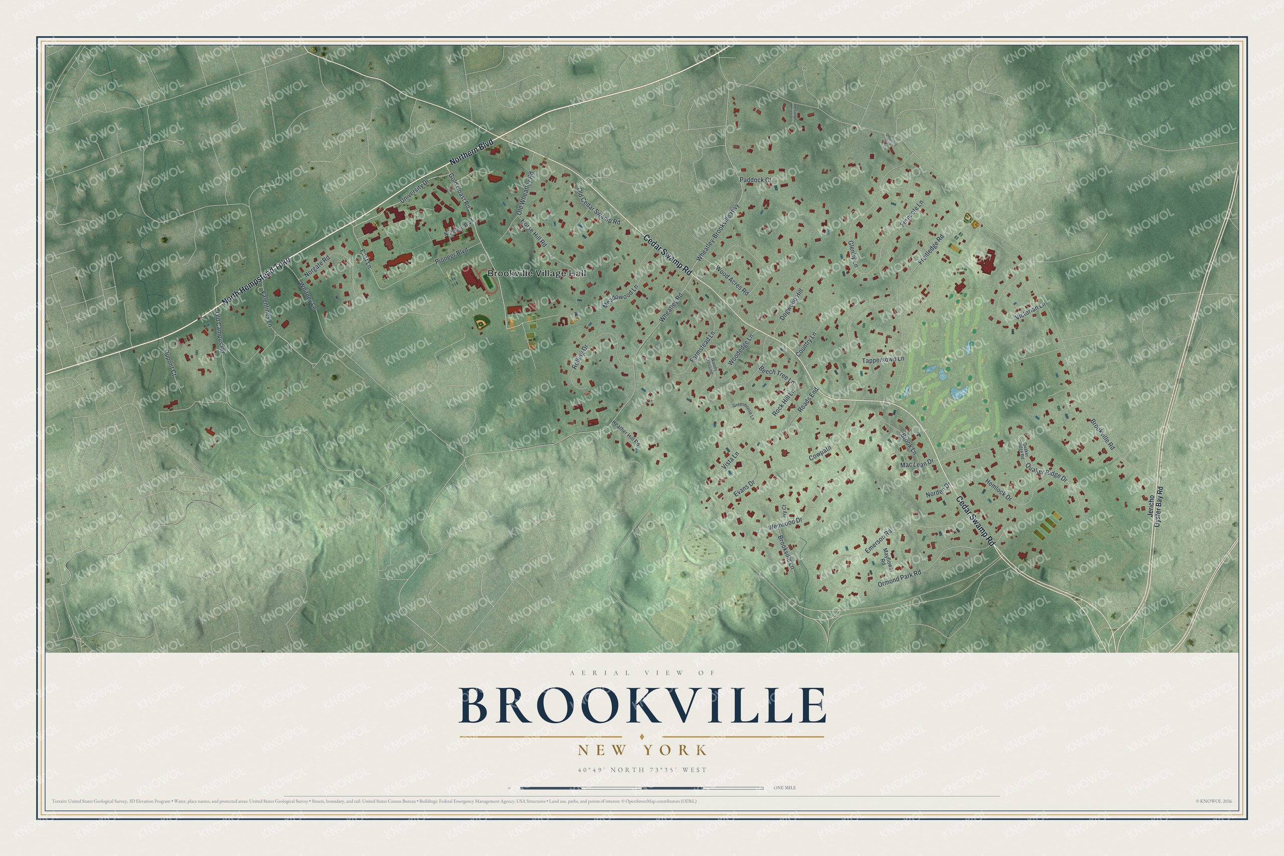 Full map of Brookville, New York, with red buildings, printed street names and the land around them