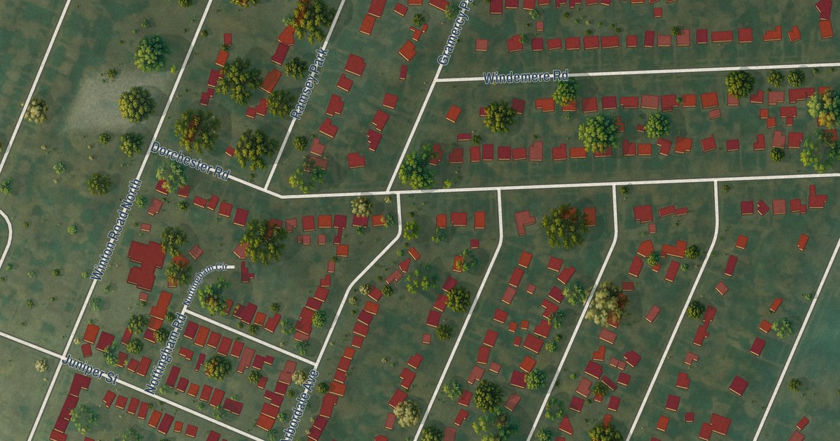 Close-up of streets and buildings in Browncroft, New York
