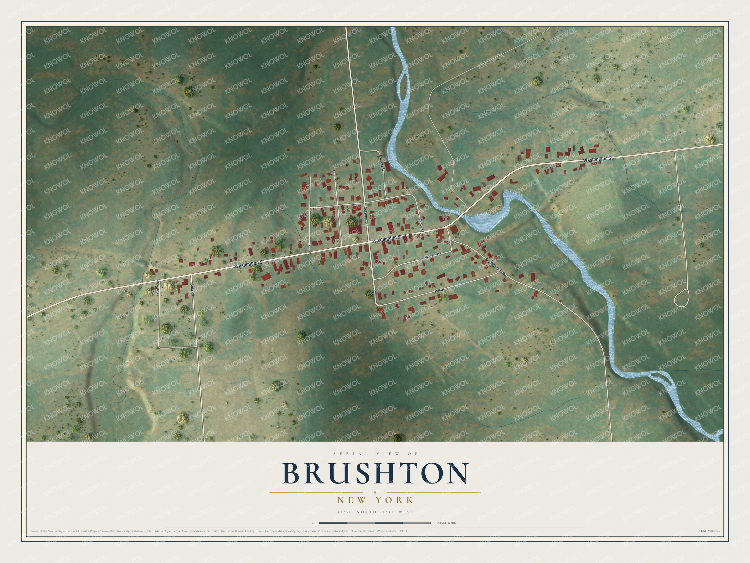 Full map of Brushton, New York, with red buildings, printed street names and the land around them