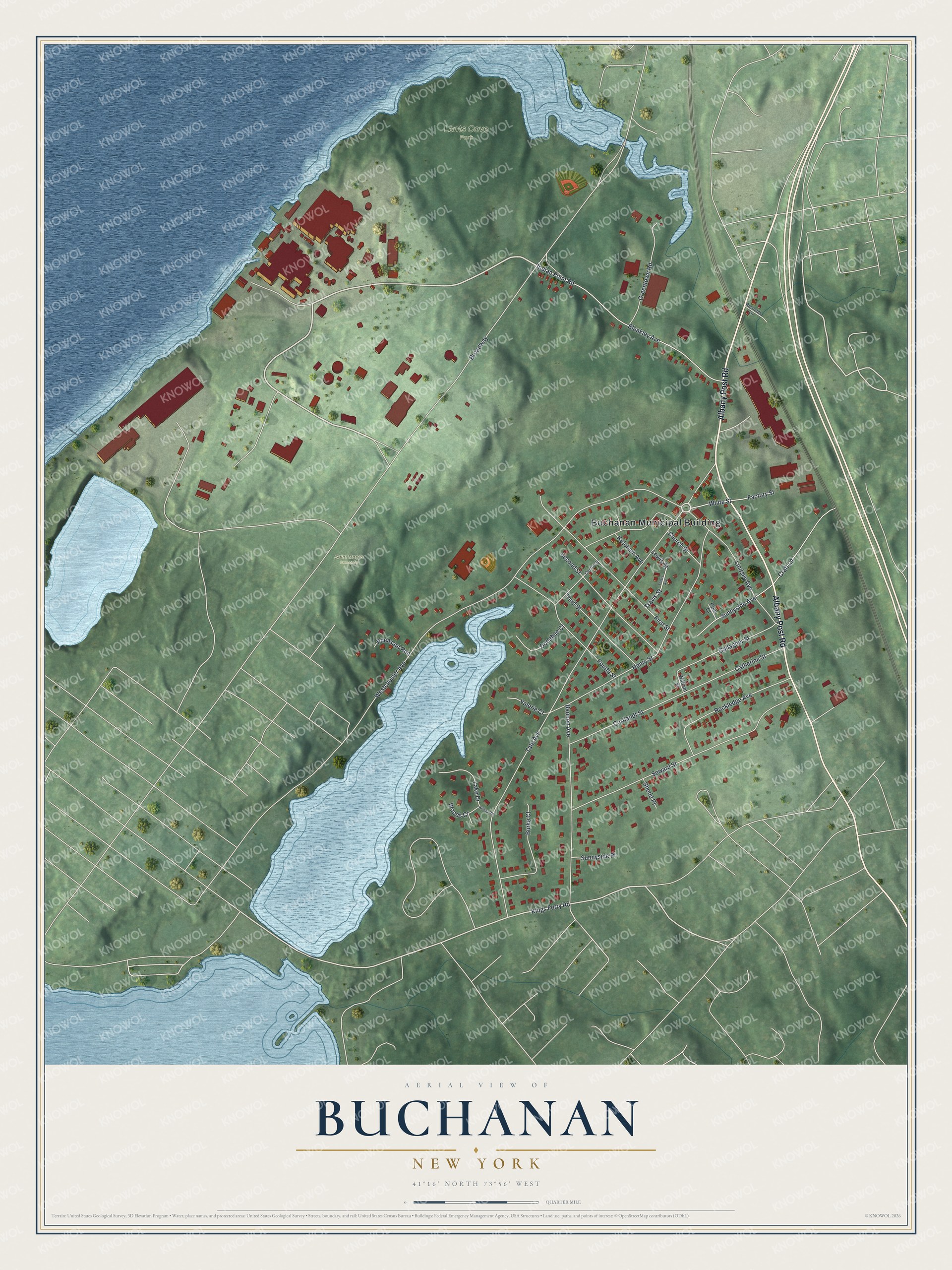 Full map of Buchanan, New York, with red buildings, printed street names and the land around them