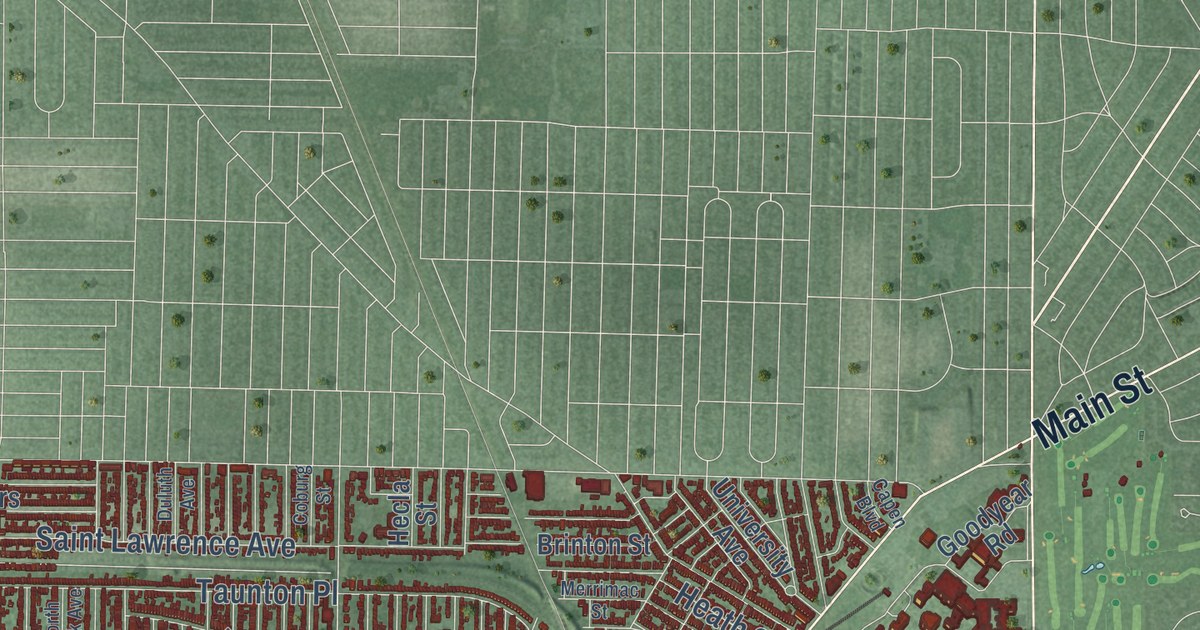 Close-up of streets and buildings in Buffalo, New York