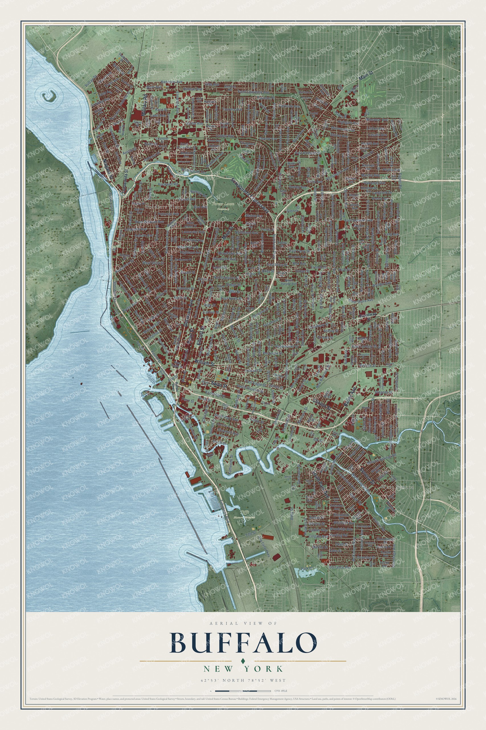 Detailed map of Buffalo, New York, showing streets, buildings, neighborhoods, and parks