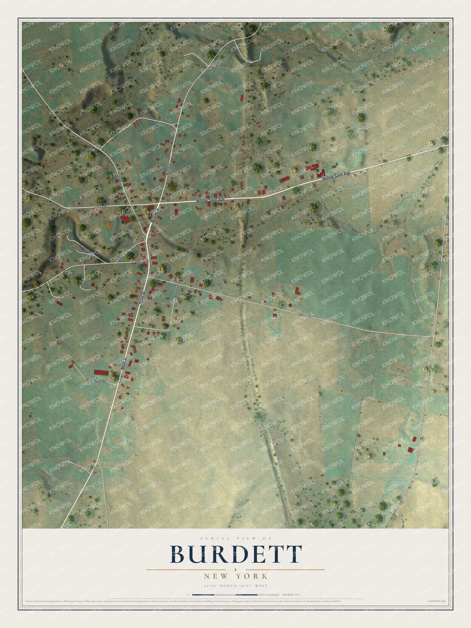 Full map of Burdett, New York, with red buildings, printed street names and the land around them