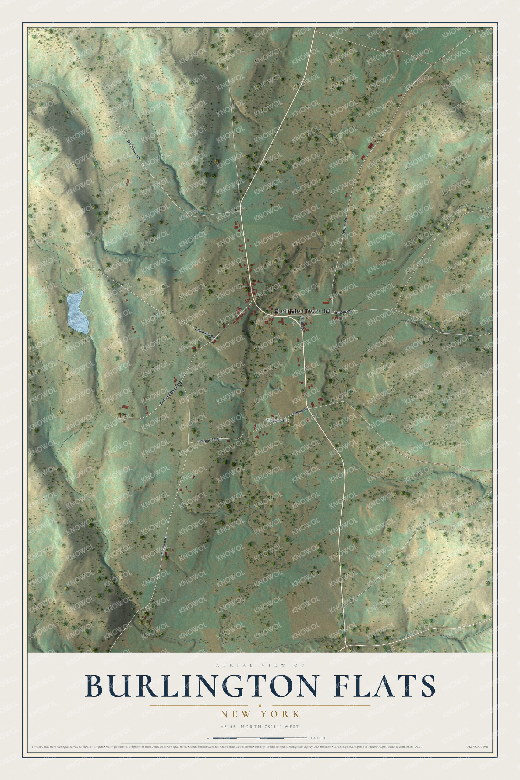 Full map of Burlington Flats, New York, with red buildings, printed street names and the land around them