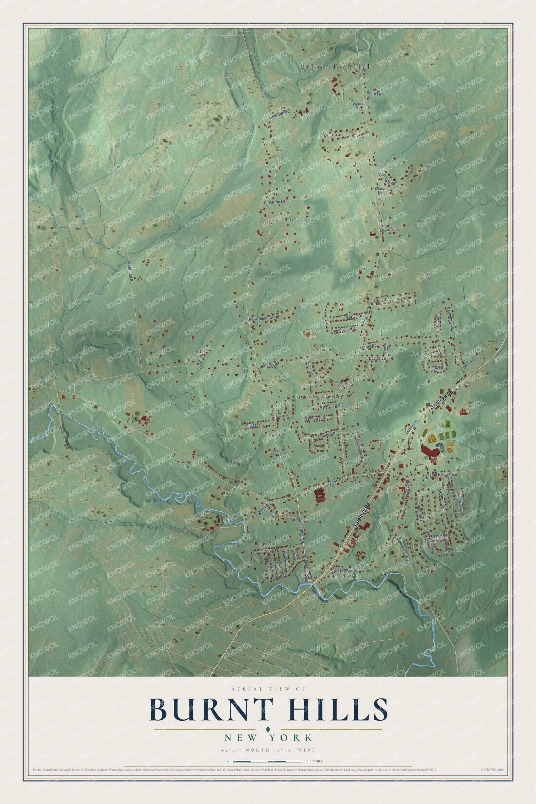Full map of Burnt Hills, New York, with red buildings, printed street names and the land around them
