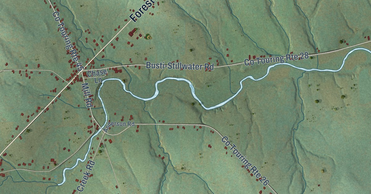 Close-up of streets and buildings in Busti, New York
