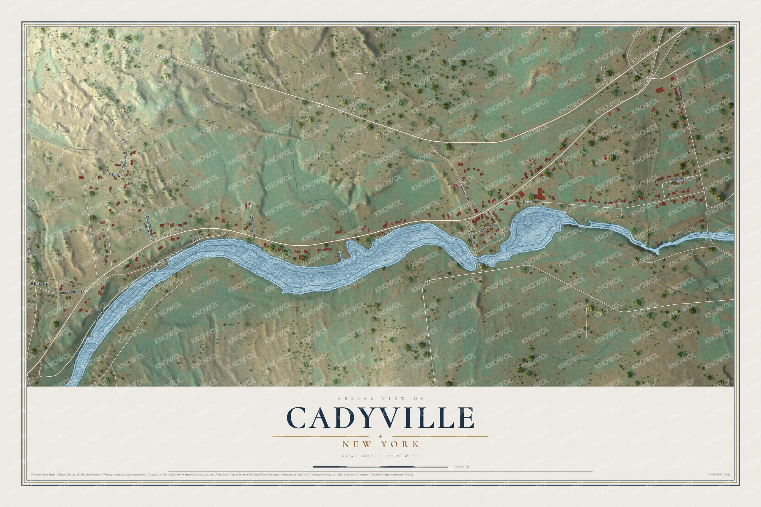 Full map of Cadyville, New York, with red buildings, printed street names and the land around them