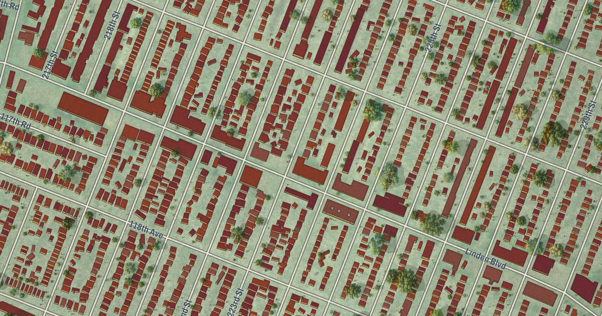 Close-up of streets and buildings in Cambria Heights, New York