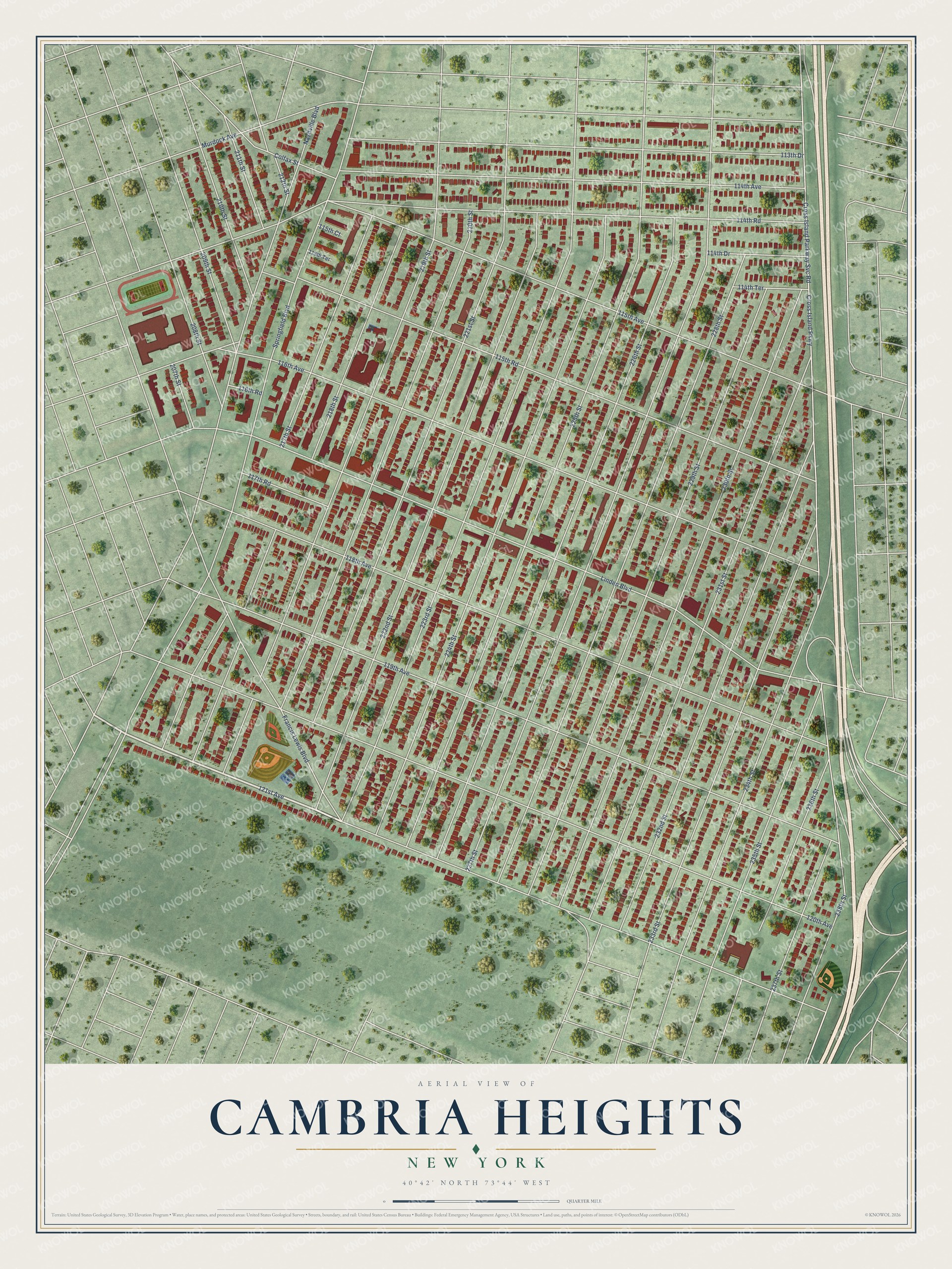 Full map of Cambria Heights, New York, with red buildings, printed street names and the land around them