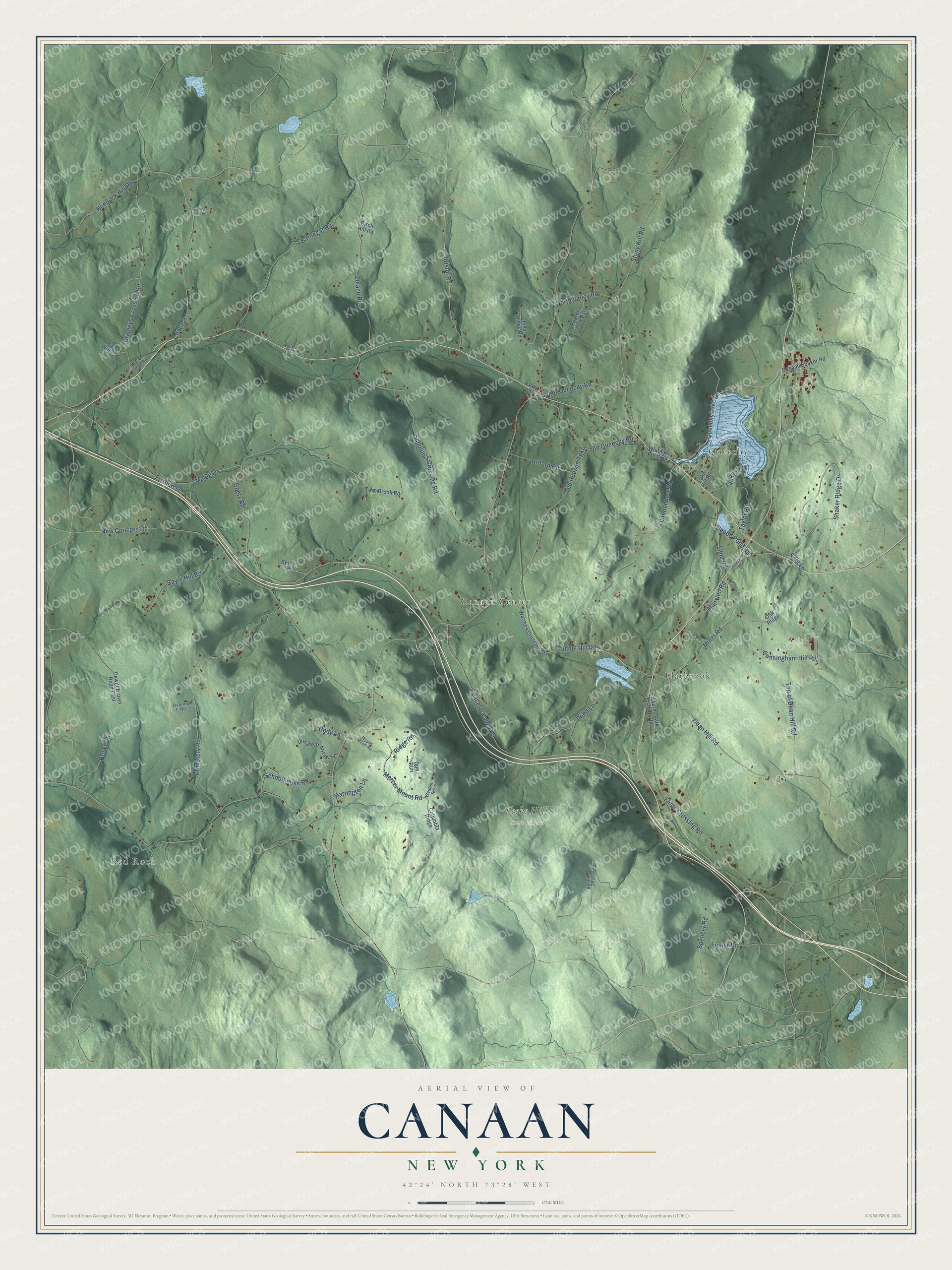 Detailed map of Canaan, New York, showing streets, buildings, neighborhoods, and parks