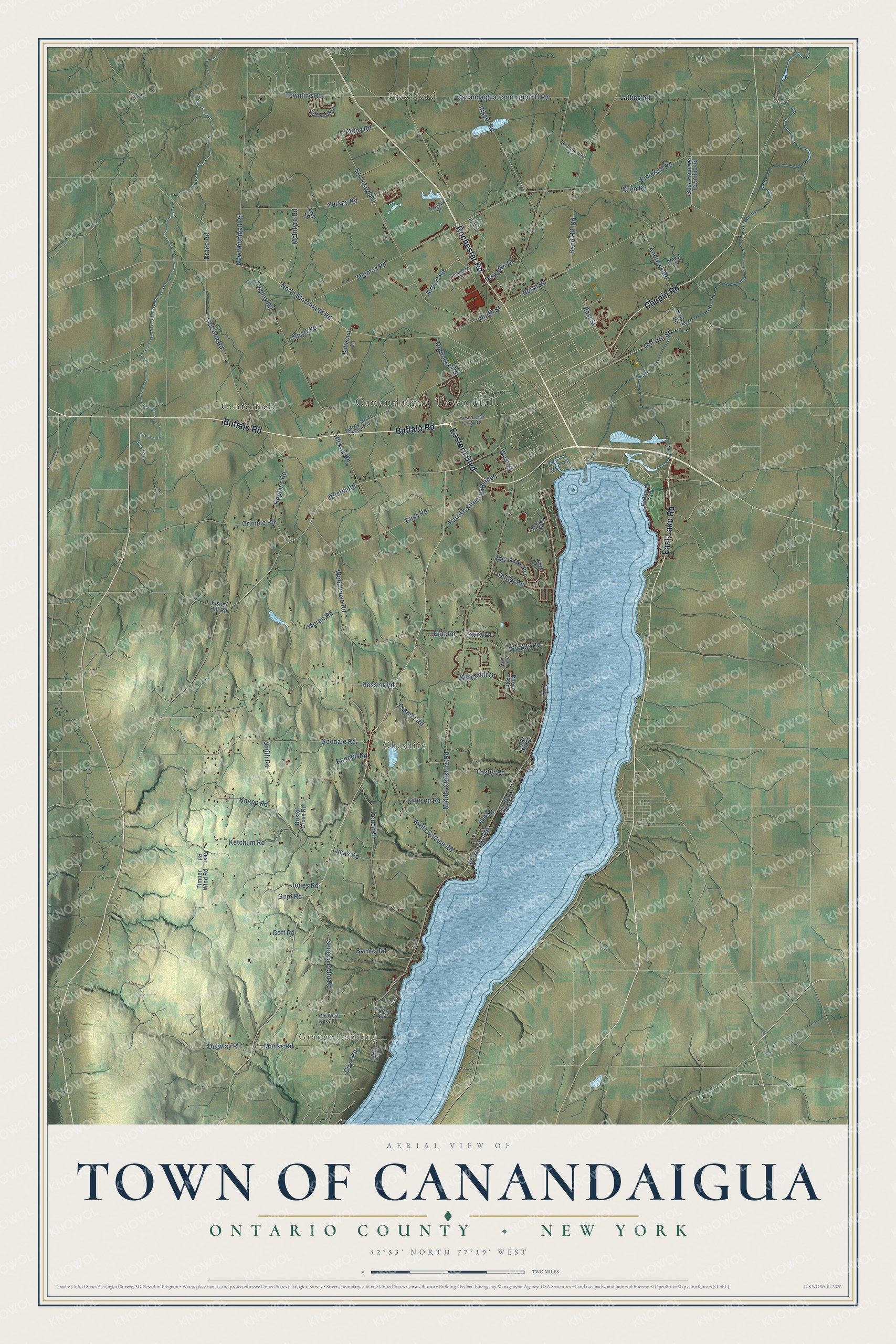 Detailed map of the Town of Canandaigua, Ontario County, New York, showing streets, buildings, and neighborhoods