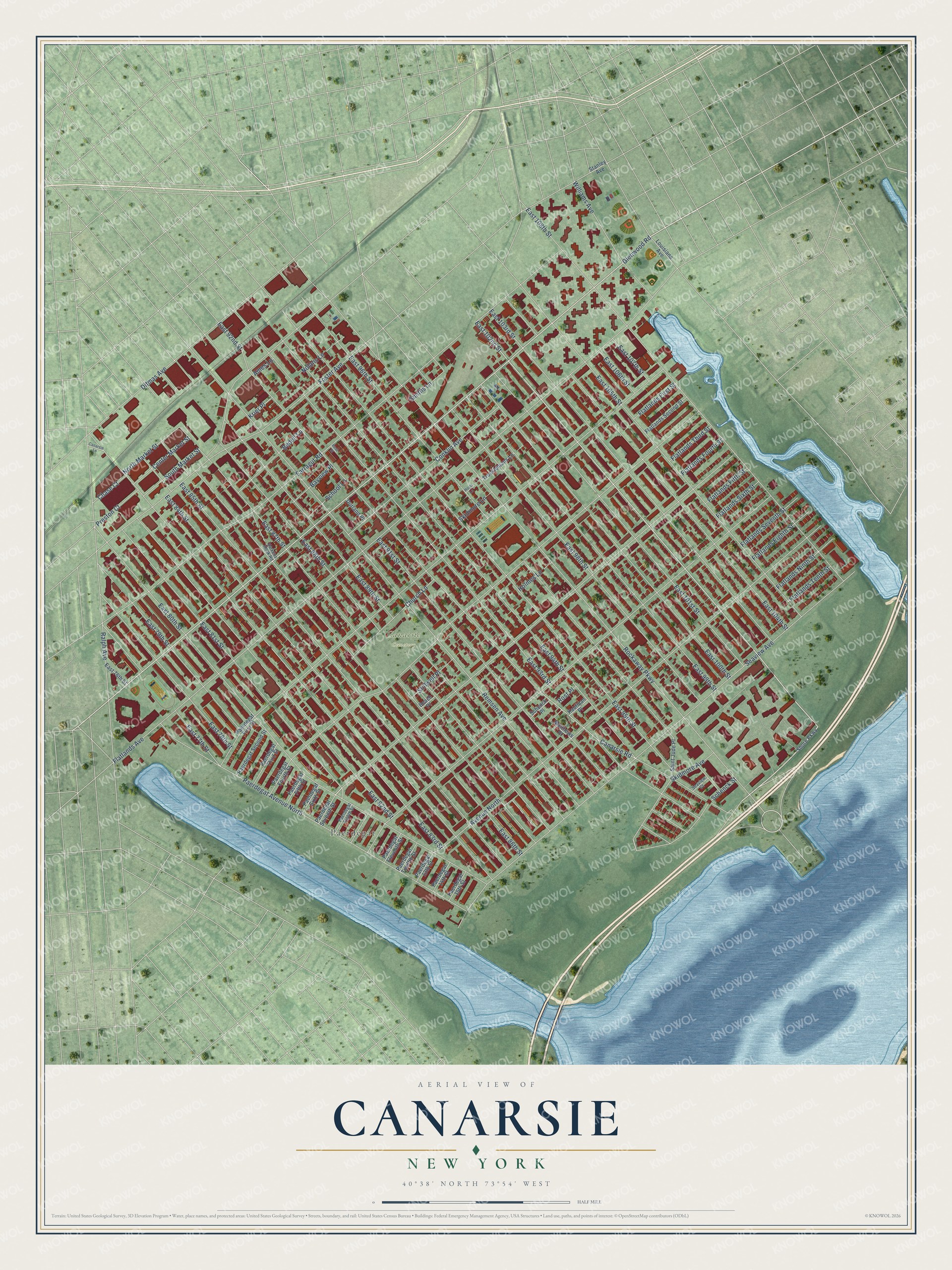 Full map of Canarsie, New York, with red buildings, printed street names and the land around them