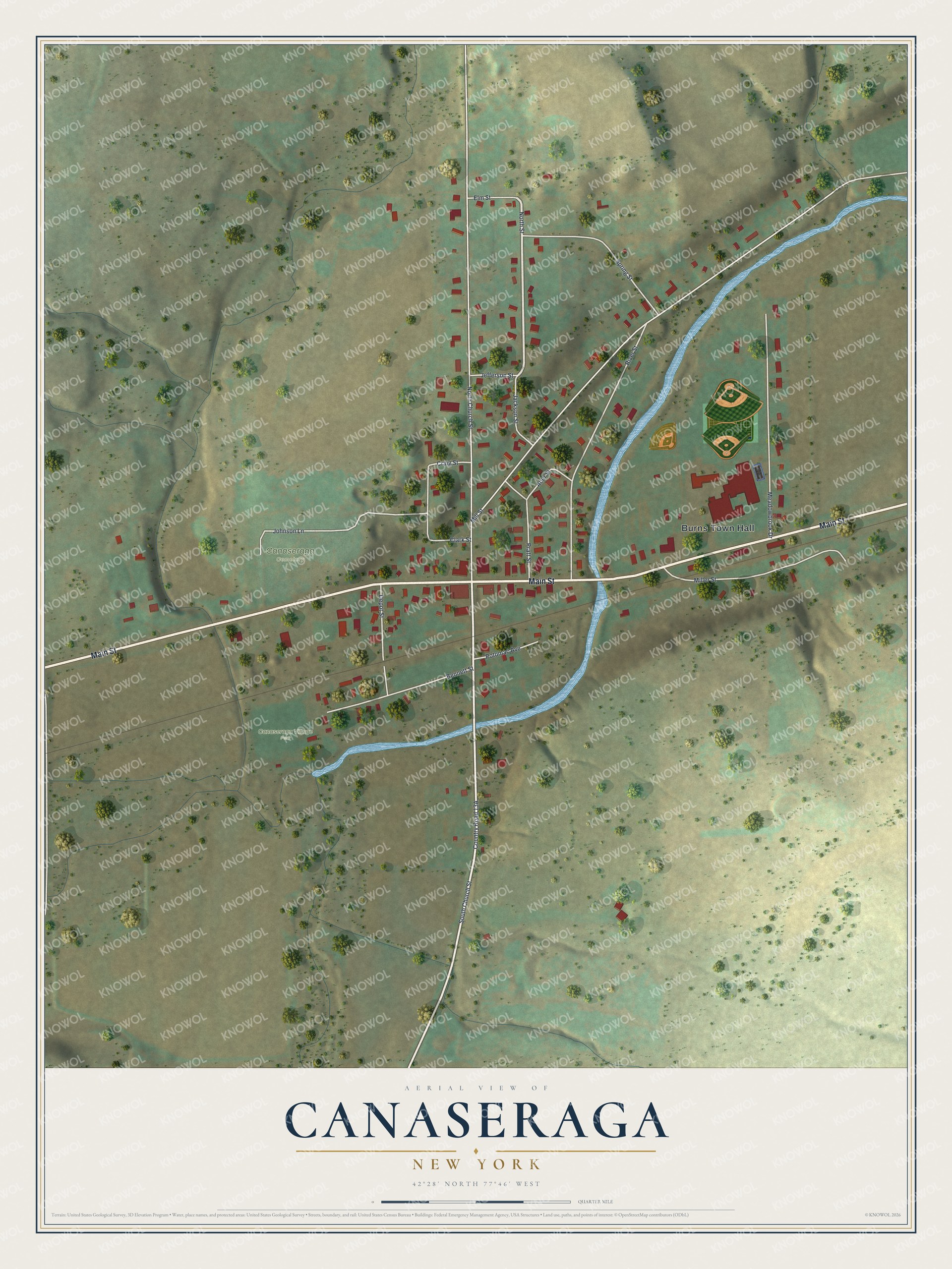 Full map of Canaseraga, New York, with red buildings, printed street names and the land around them