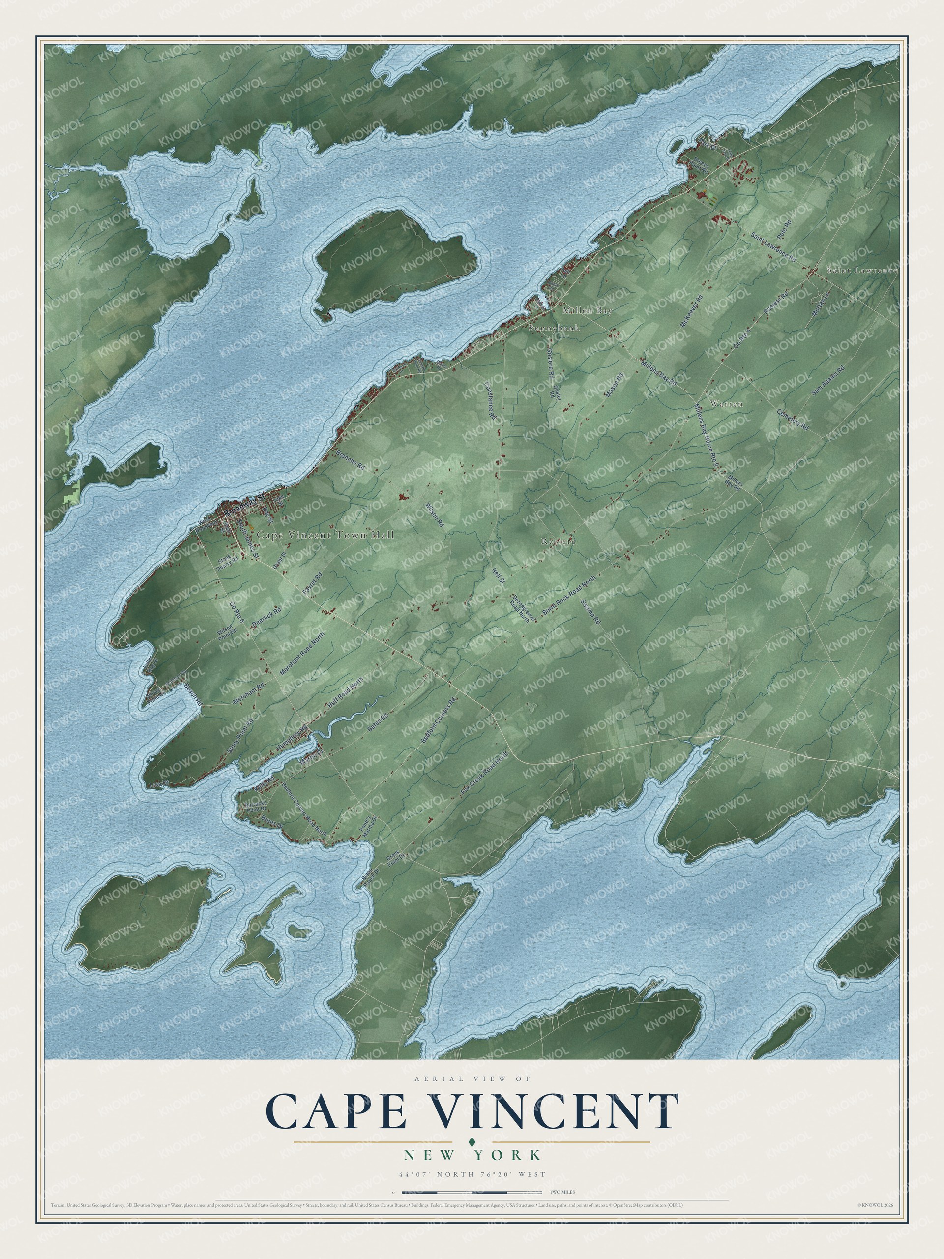Detailed map of Cape Vincent, New York, showing streets, buildings, and neighborhoods